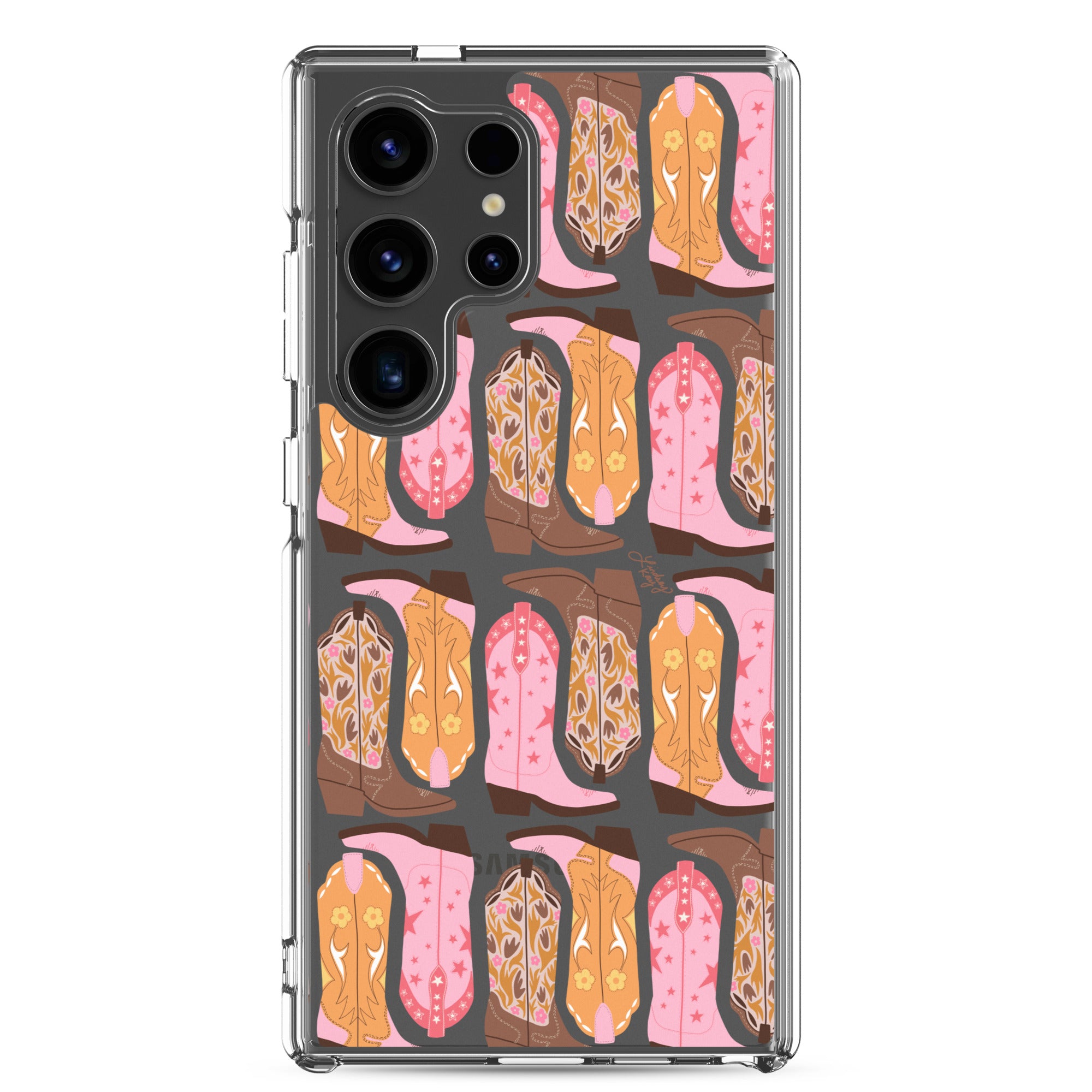 Samsung clear phone case with hand-illustrated pink, orange, and brown cowgirl boots. Durable and protective design, available in all Samsung sizes. Perfect for western girlies, country lovers, and bold, colorful personalities.