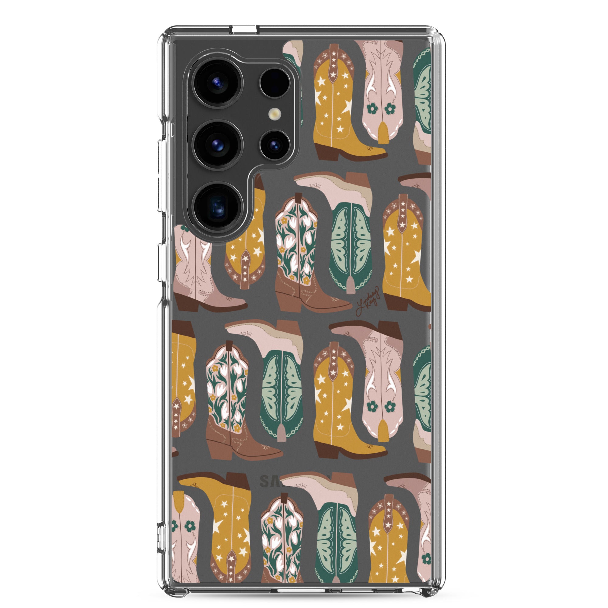 Samsung clear phone case with hand-illustrated green, yellow, and brown cowgirl boots. Durable and protective design, available in all Samsung sizes. Perfect for western girlies, country lovers, and bold, colorful personalities.