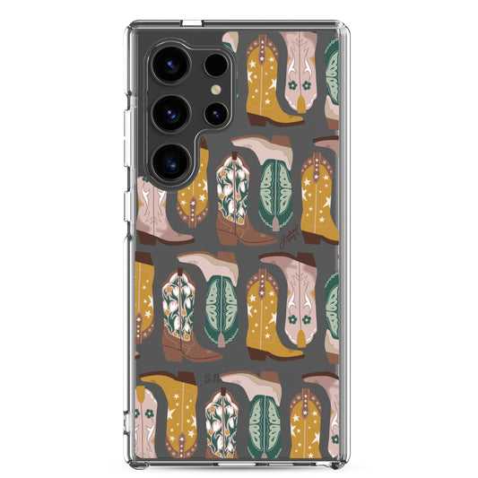 Samsung clear phone case with hand-illustrated green, yellow, and brown cowgirl boots. Durable and protective design, available in all Samsung sizes. Perfect for western girlies, country lovers, and bold, colorful personalities.