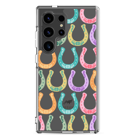 Country western Samsung phone case with hand drawn rainbow horseshoe pattern by Lindsey Kay Collective. Tough, durable case available in all Samsung sizes. Perfect for cowgirls, rodeo lovers, and Texas sorority girls. Stylish protective phone accessory with southern flair.