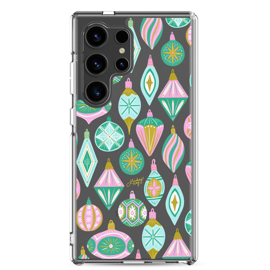 Hand-drawn retro Christmas ornament Samsung phone case in bright festive colors — available in Clear and Tough styles. Perfect for the holidays and showing your fun, festive personality. Hand-illustrated by Lindsey Kay Collective.”