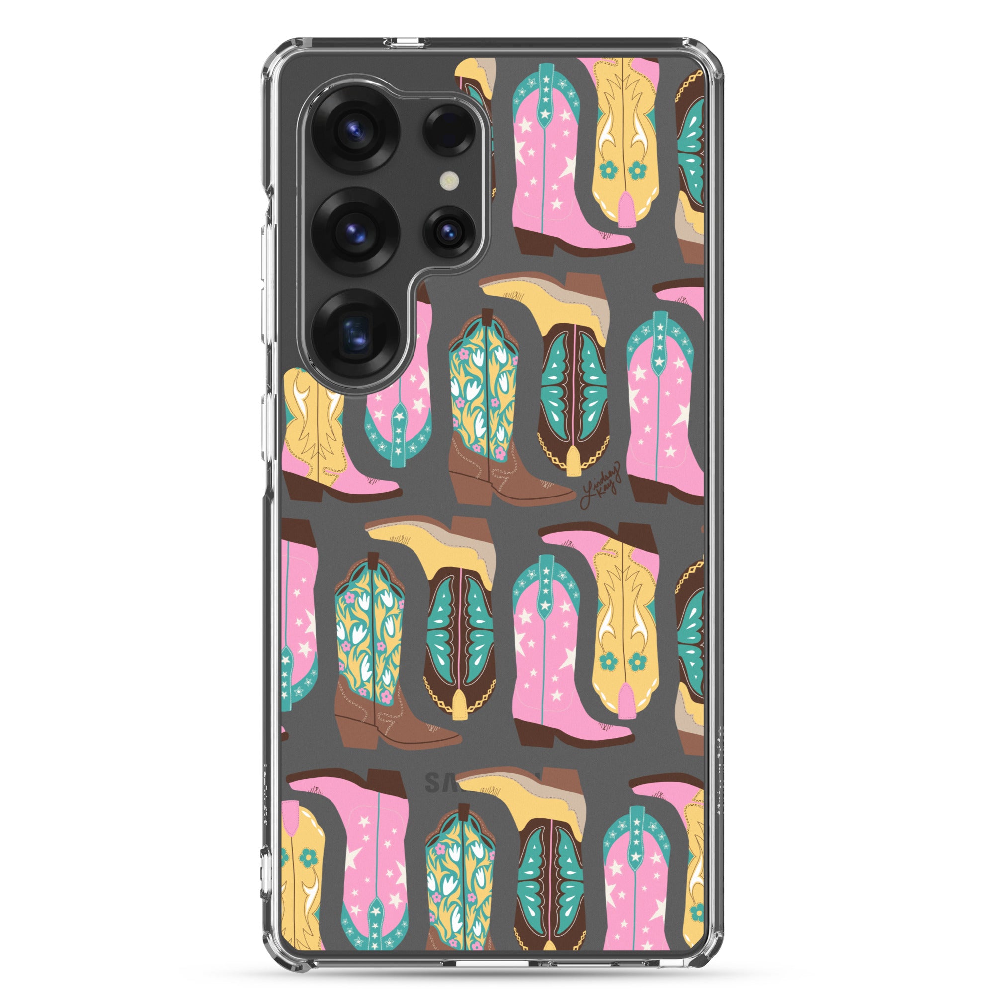 Samsung clear phone case with hand-illustrated pink, turquoise, and brown cowgirl boots. Durable and protective design, available in all Samsung sizes. Perfect for western girlies, country lovers, and bold, colorful personalities.