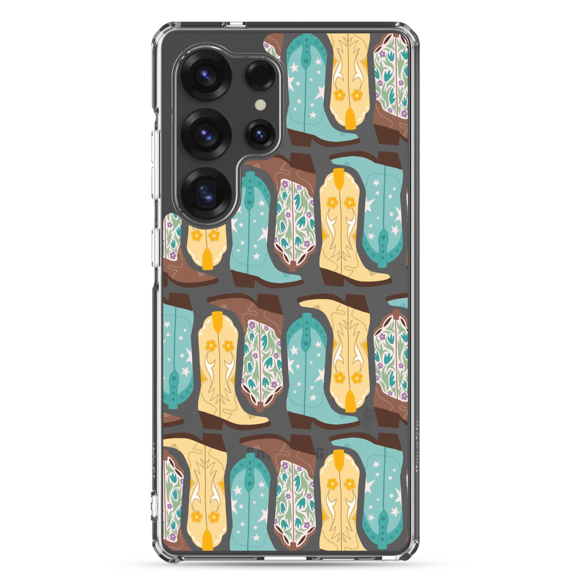 Samsung clear phone case with hand-illustrated yellow, turquoise, and brown cowgirl boots. Durable and protective design, available in all Samsung sizes. Perfect for western girlies, country lovers, and bold, colorful personalities.
