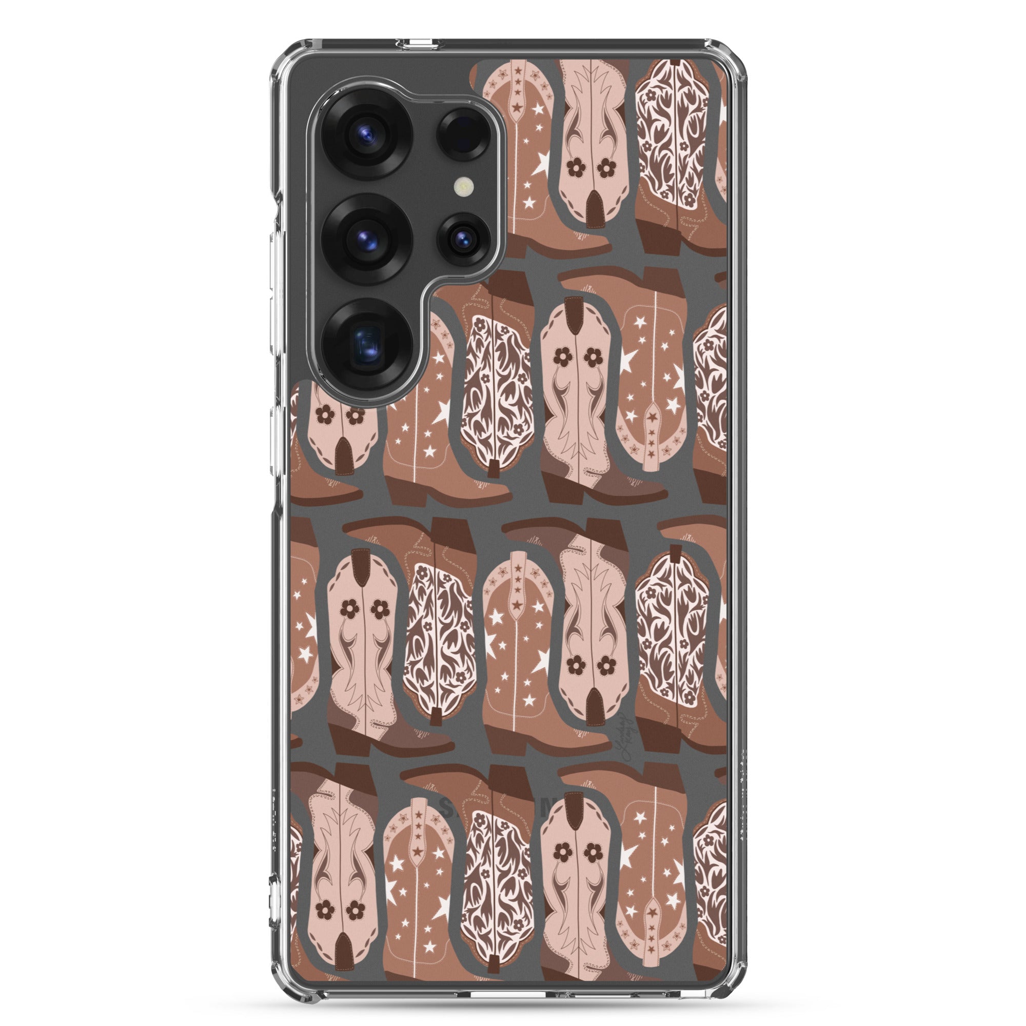 Samsung clear phone case with hand-illustrated  brown cowgirl boots. Durable and protective design, available in all Samsung sizes. Perfect for western girlies, country lovers, and bold, colorful personalities.