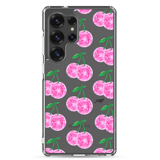 Samsung tough clear phone case featuring a hand-drawn pink disco ball cherries pattern. Durable, dual-layer protection with a retro, girly design—perfect for summer style and available for all Samsung models.