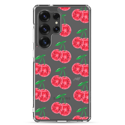 Samsung tough phone case featuring a hand-drawn red disco ball cherries pattern. Durable, dual-layer protection with a retro, girly design—perfect for summer style and available for all Samsung models.