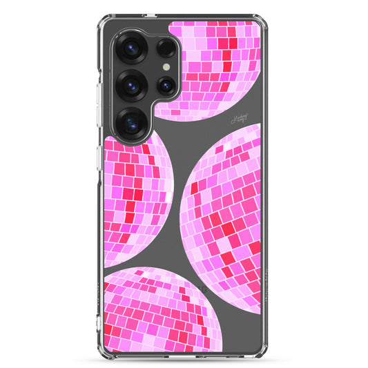 Samsung tough phone case featuring a hand-drawn pink disco ball pattern. Durable, dual-layer protection with a retro, girly design—perfect for summer style and available for all Samsung models.