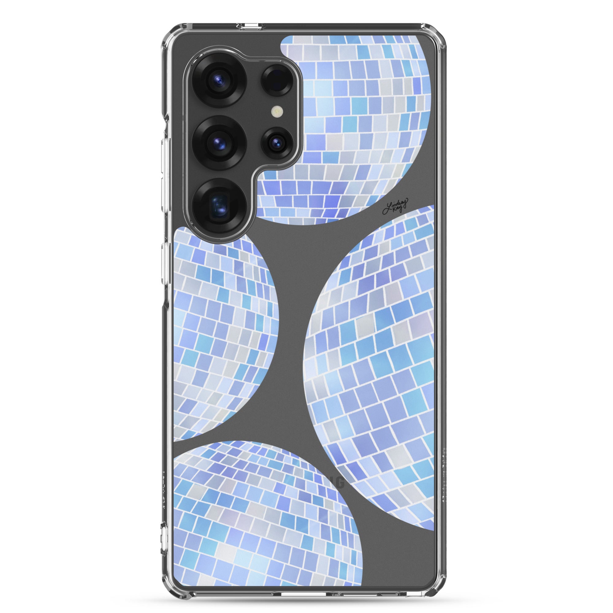 Samsung tough phone case featuring a hand-drawn blue disco ball pattern. Durable, dual-layer protection with a retro, girly design—perfect for summer style and available for all Samsung models.