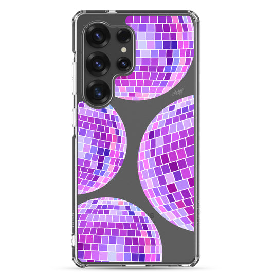 Samsung tough phone case featuring a hand-drawn purple disco ball pattern. Durable, dual-layer protection with a retro, girly design—perfect for summer style and available for all Samsung models.