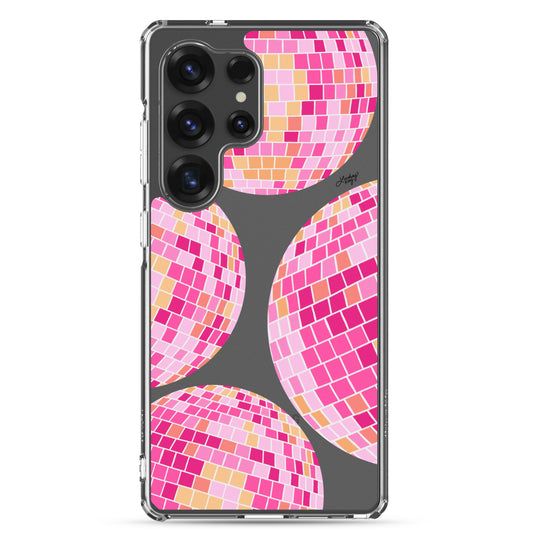 Samsung tough phone case featuring a hand-drawn pink disco ball pattern. Durable, dual-layer protection with a retro, girly design—perfect for summer style and available for all Samsung models.