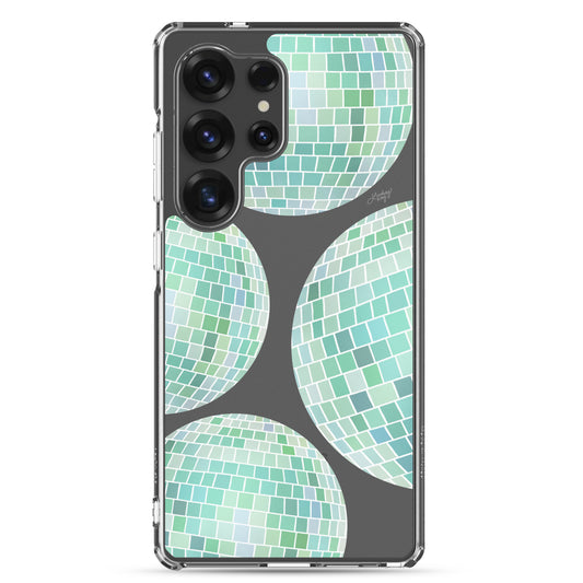 Samsung tough phone case featuring a hand-drawn green disco ball pattern. Durable, dual-layer protection with a retro, girly design—perfect for summer style and available for all Samsung models.