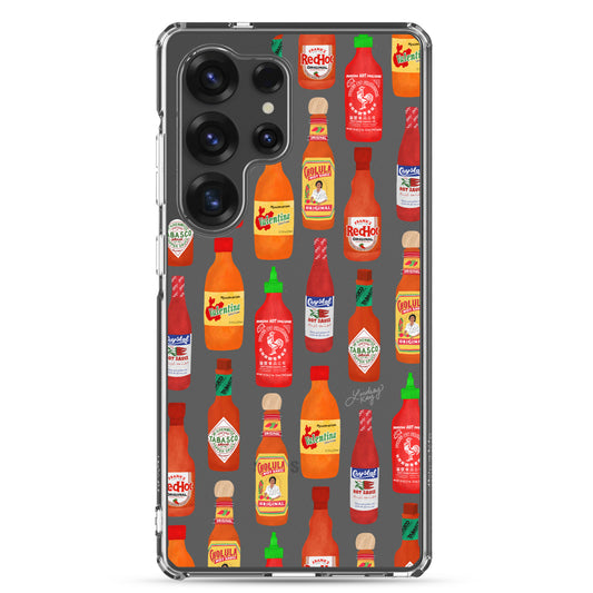 Hand illustrated hot sauce bottle Samsung phone case by Lindsey Kay Collective. Bold, colorful design perfect for hot sauce lovers and foodies. Durable, protective case available in all Samsung sizes. Unique gift idea from a female-owned small business.