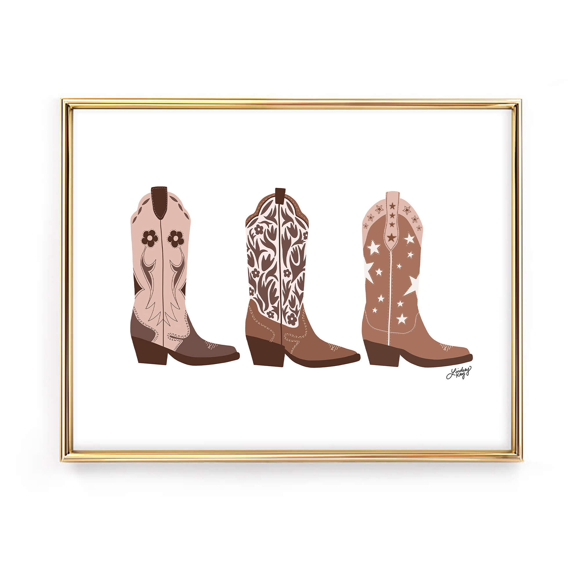Hand-illustrated western cowgirl boots art print by Lindsey Kay Collective – girly western wall decor for sororities, dorm rooms, or gallery walls – available in four colorful palettes – printed on enhanced matte paper with vibrant inks – available in 10 sizes