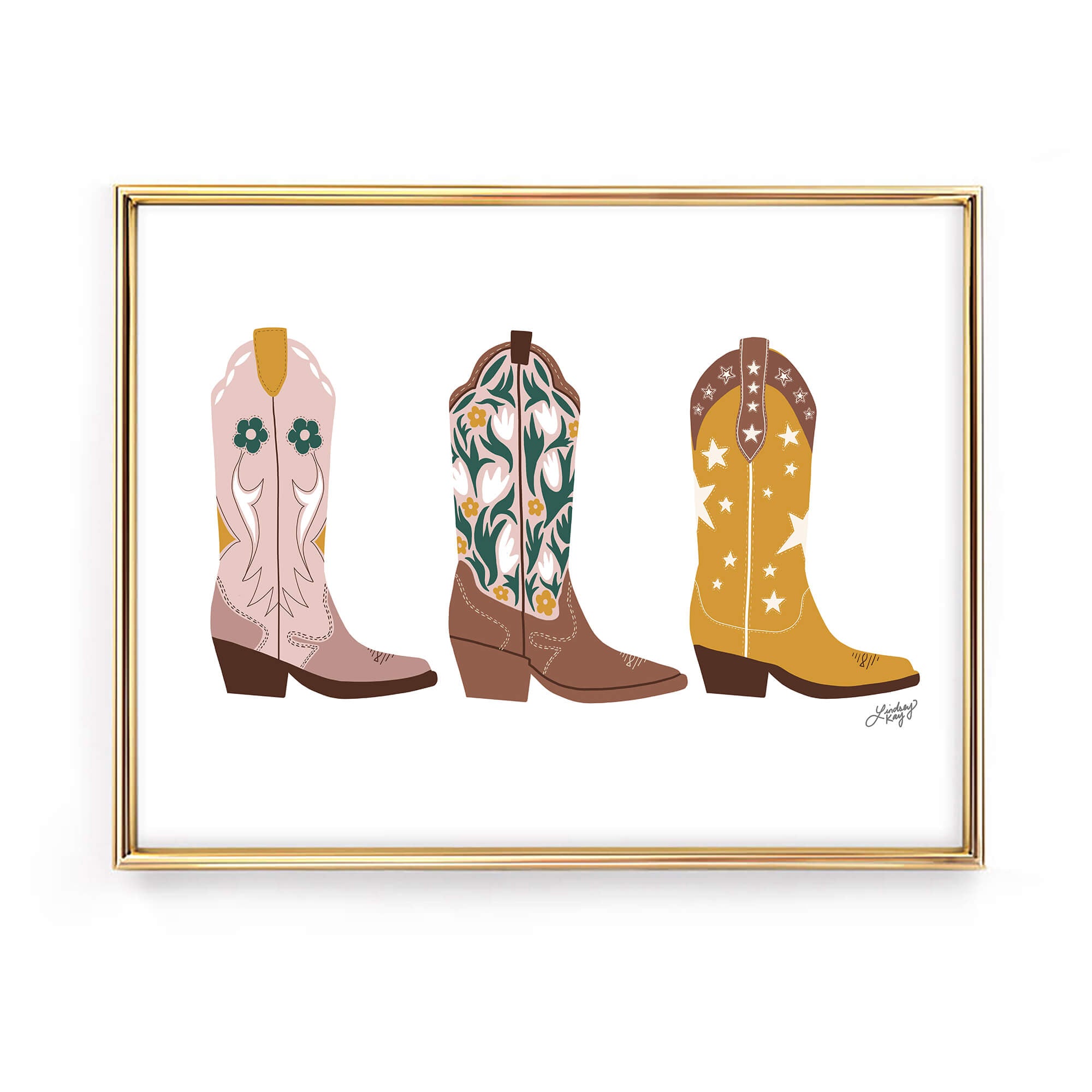 Hand-illustrated western cowgirl boots art print by Lindsey Kay Collective – girly western wall decor for sororities, dorm rooms, or gallery walls – available in four colorful palettes – printed on enhanced matte paper with vibrant inks – available in 10 sizes
