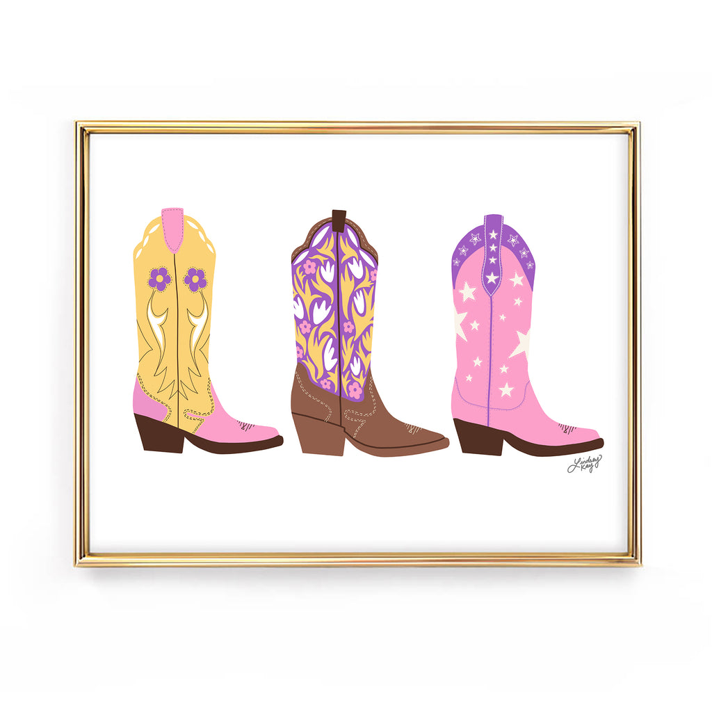 colorful cowboy cowgirl boots illustration art print poster wall art country western lindsey kay collective