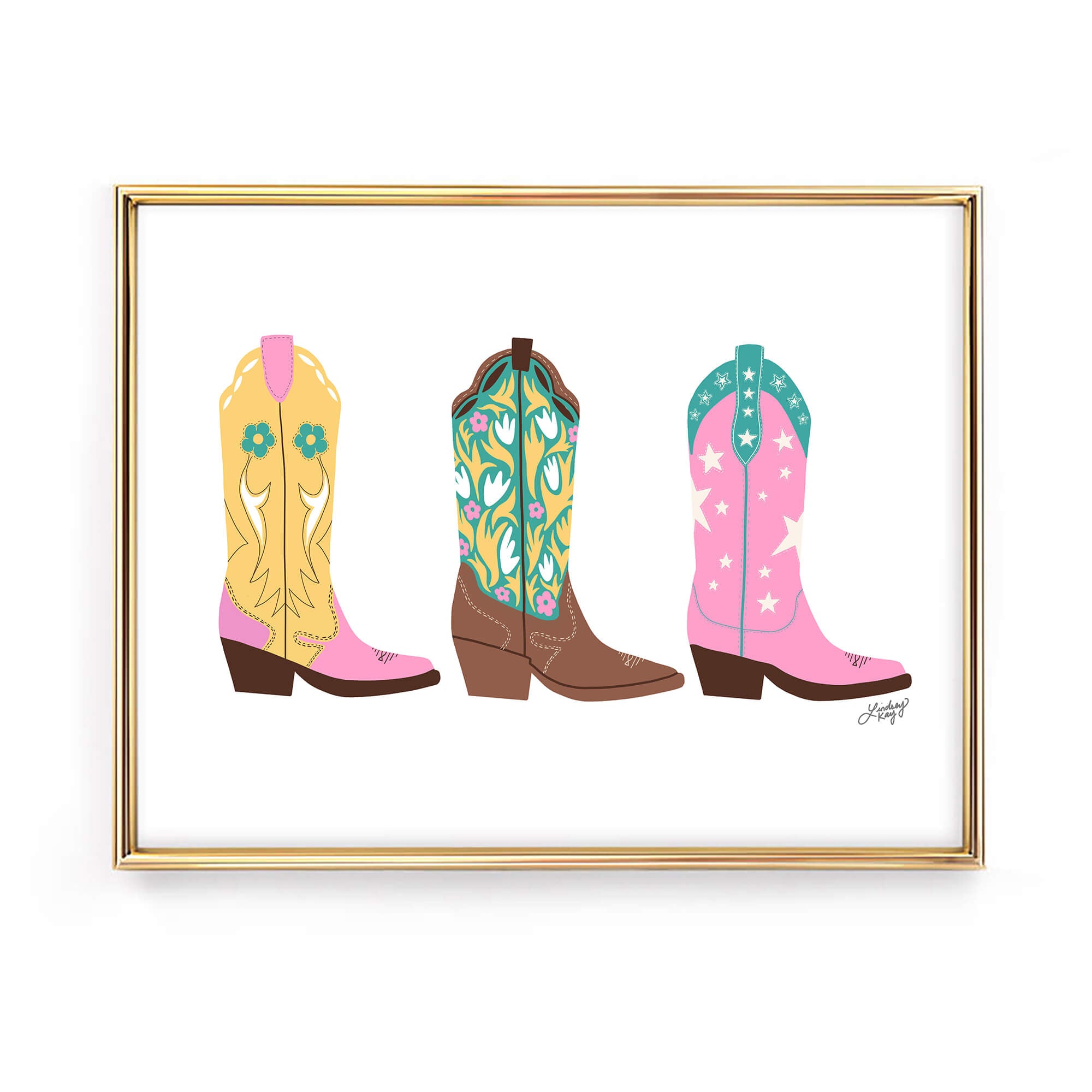 Hand-illustrated western cowgirl boots art print by Lindsey Kay Collective – girly western wall decor for sororities, dorm rooms, or gallery walls – available in four colorful palettes – printed on enhanced matte paper with vibrant inks – available in 10 sizes