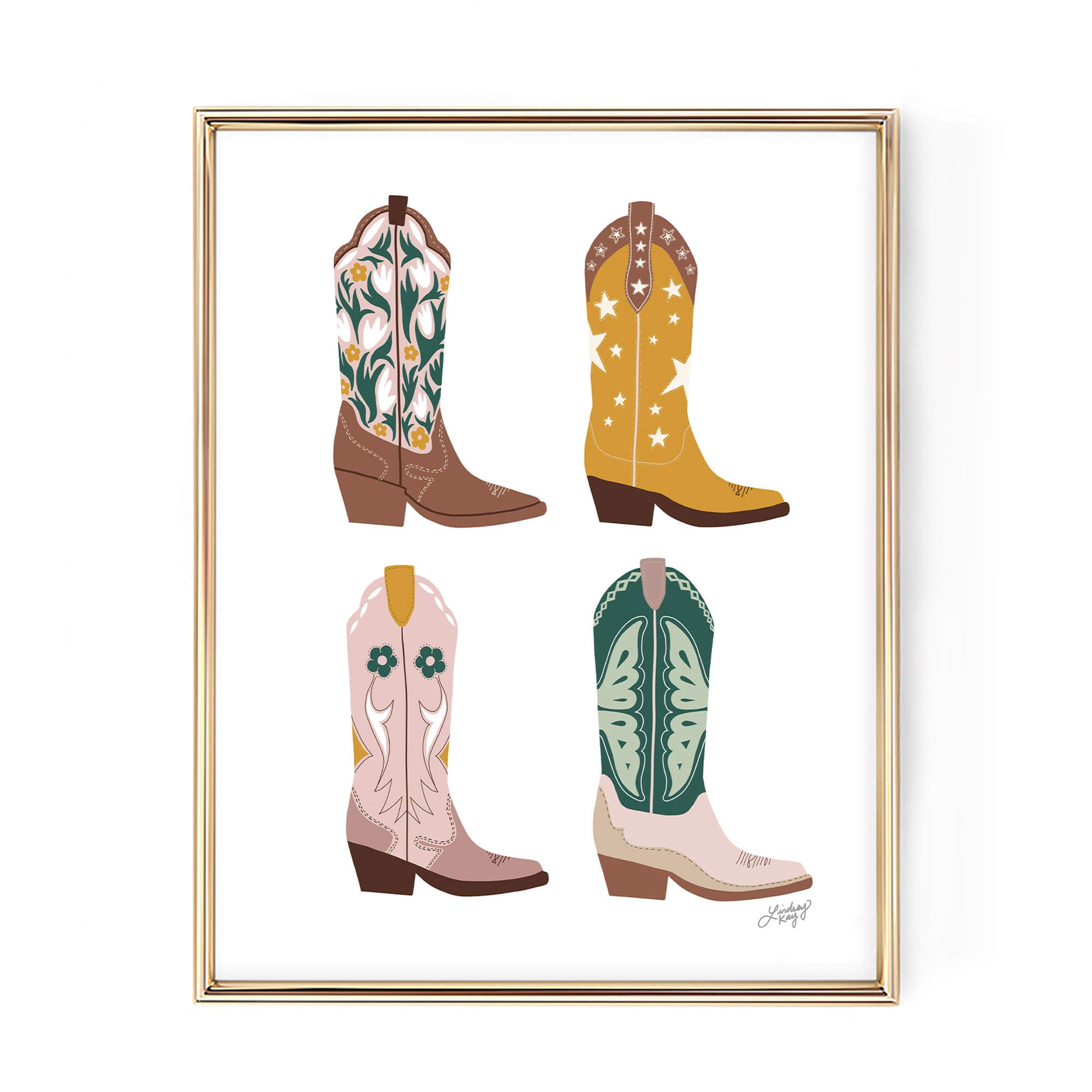 Illustration de bottes de cowboy verticales (palette rose/turquoise/jaune) - Impression d'art