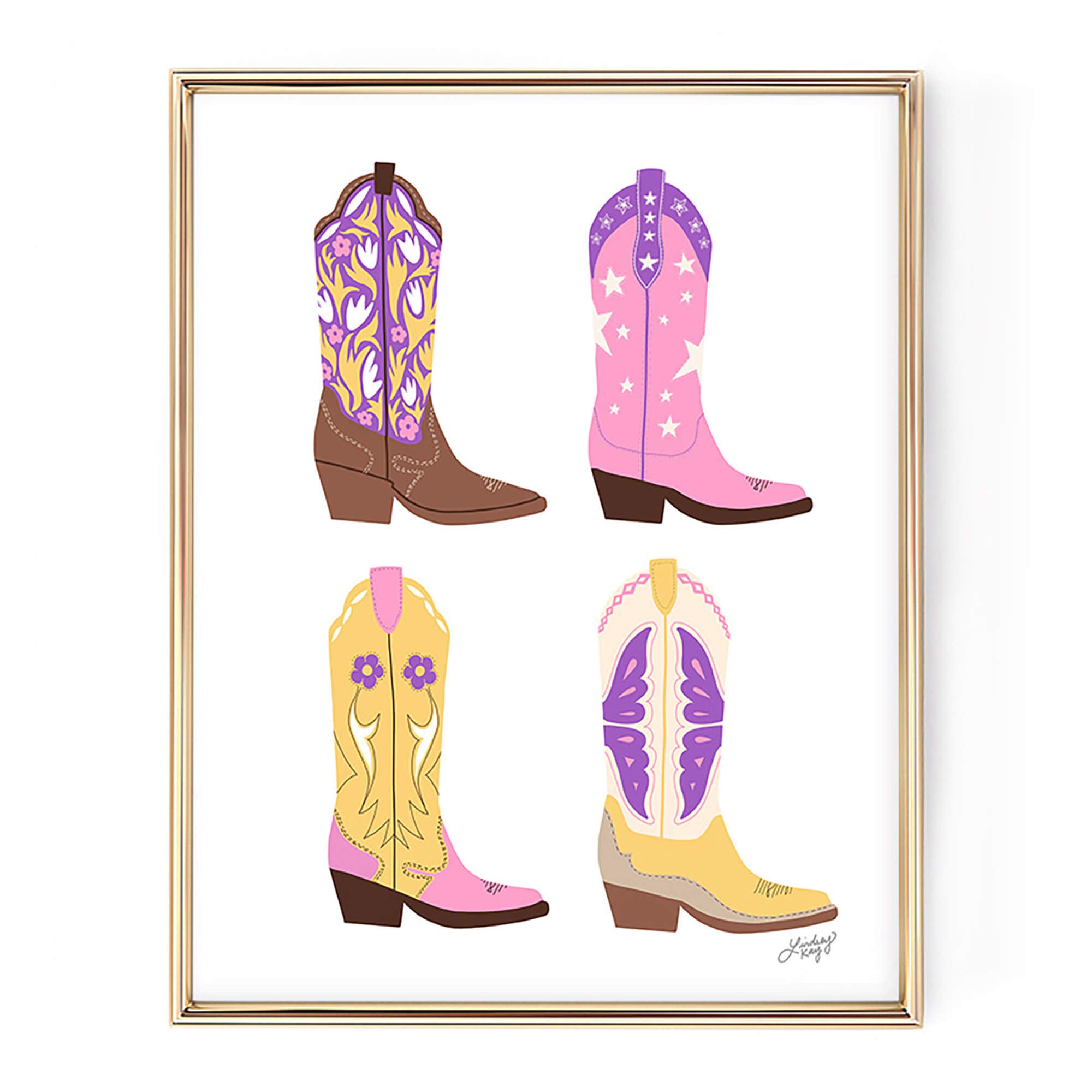 Illustration de bottes de cowboy verticales (palette rose/turquoise/jaune) - Impression d'art