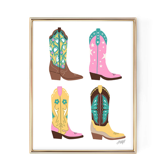 cowboy boots illustration art print poster pink yellow turquoise trendy poster wall art lindsey kay collective