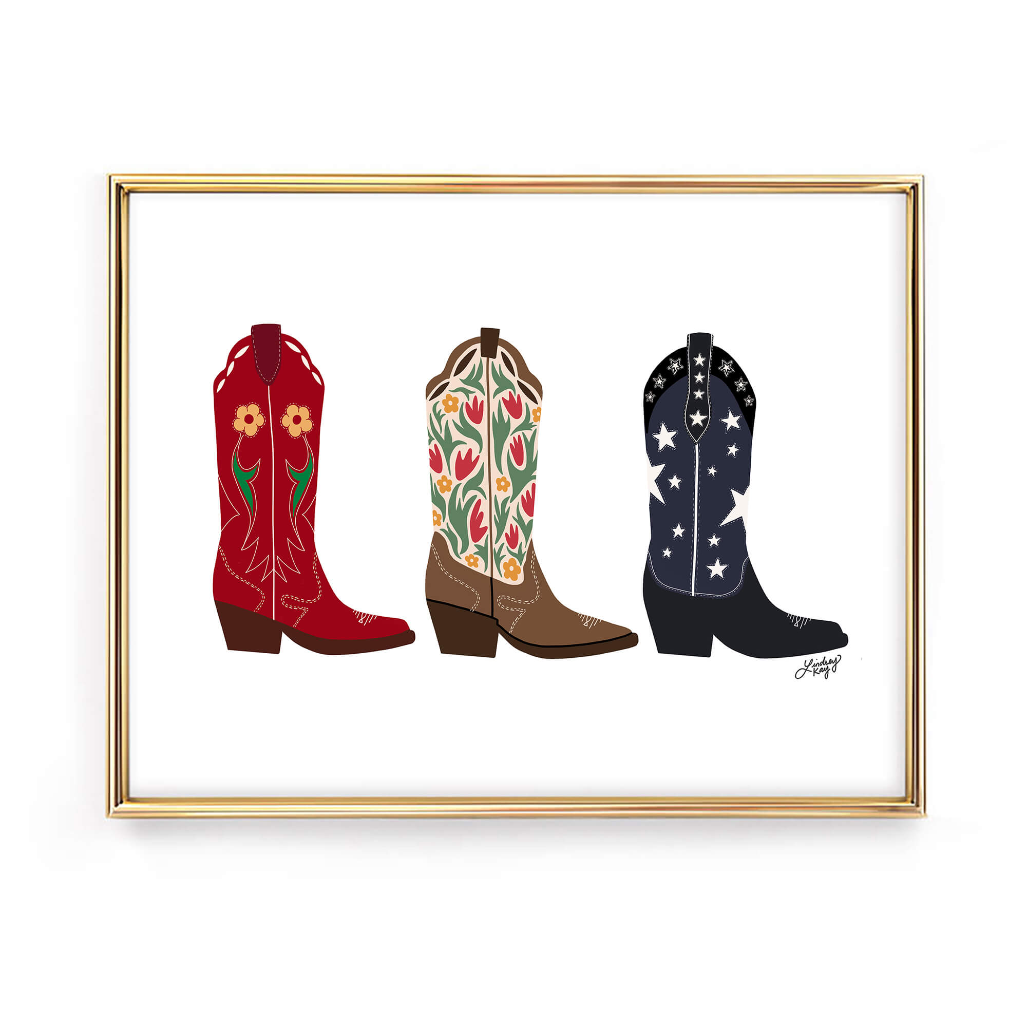 Hand-illustrated western cowgirl boots art print by Lindsey Kay Collective – girly western wall decor for sororities, dorm rooms, or gallery walls – available in four colorful palettes – printed on enhanced matte paper with vibrant inks – available in 10 sizes