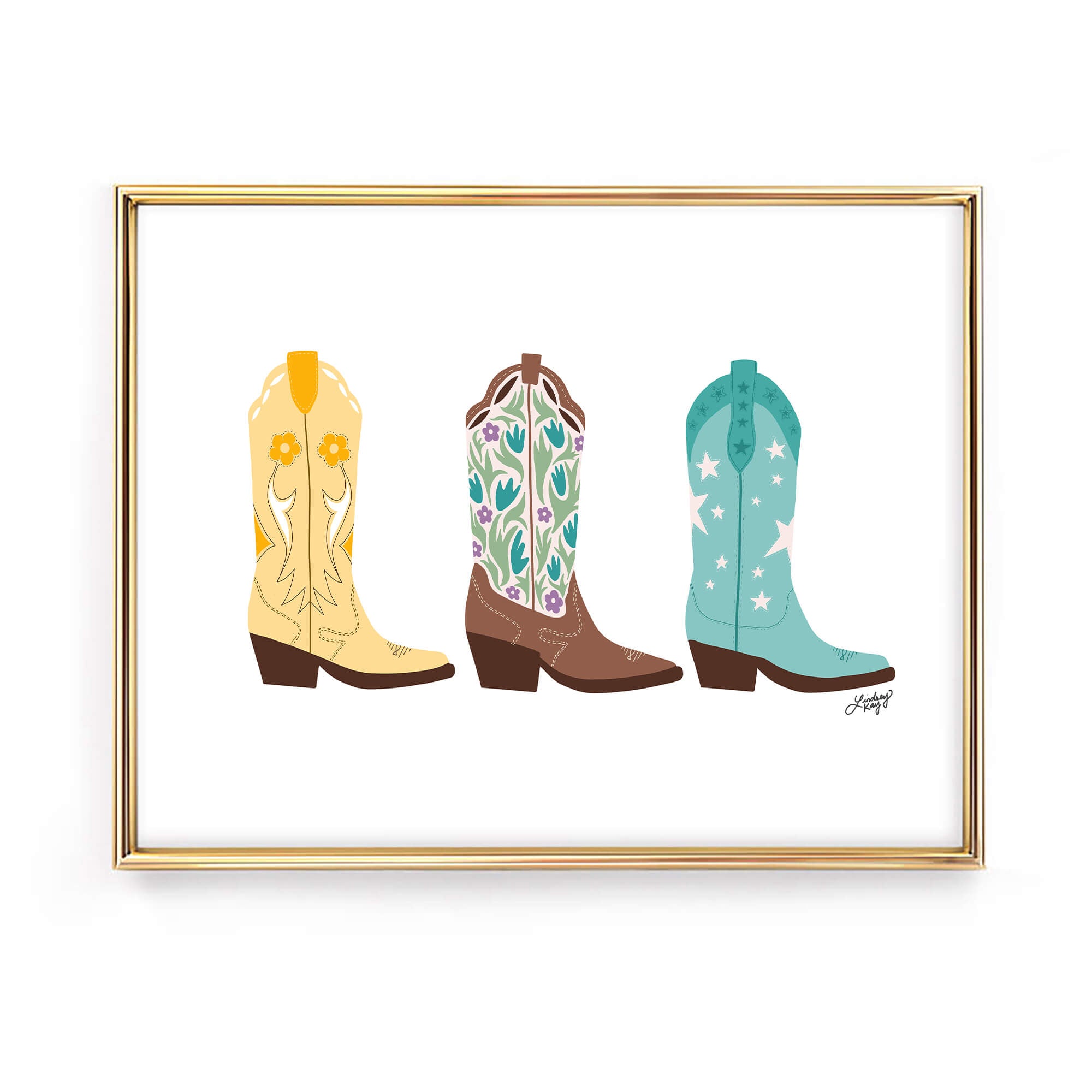 Hand-illustrated western cowgirl boots art print by Lindsey Kay Collective – girly western wall decor for sororities, dorm rooms, or gallery walls – available in four colorful palettes – printed on enhanced matte paper with vibrant inks – available in 10 sizes