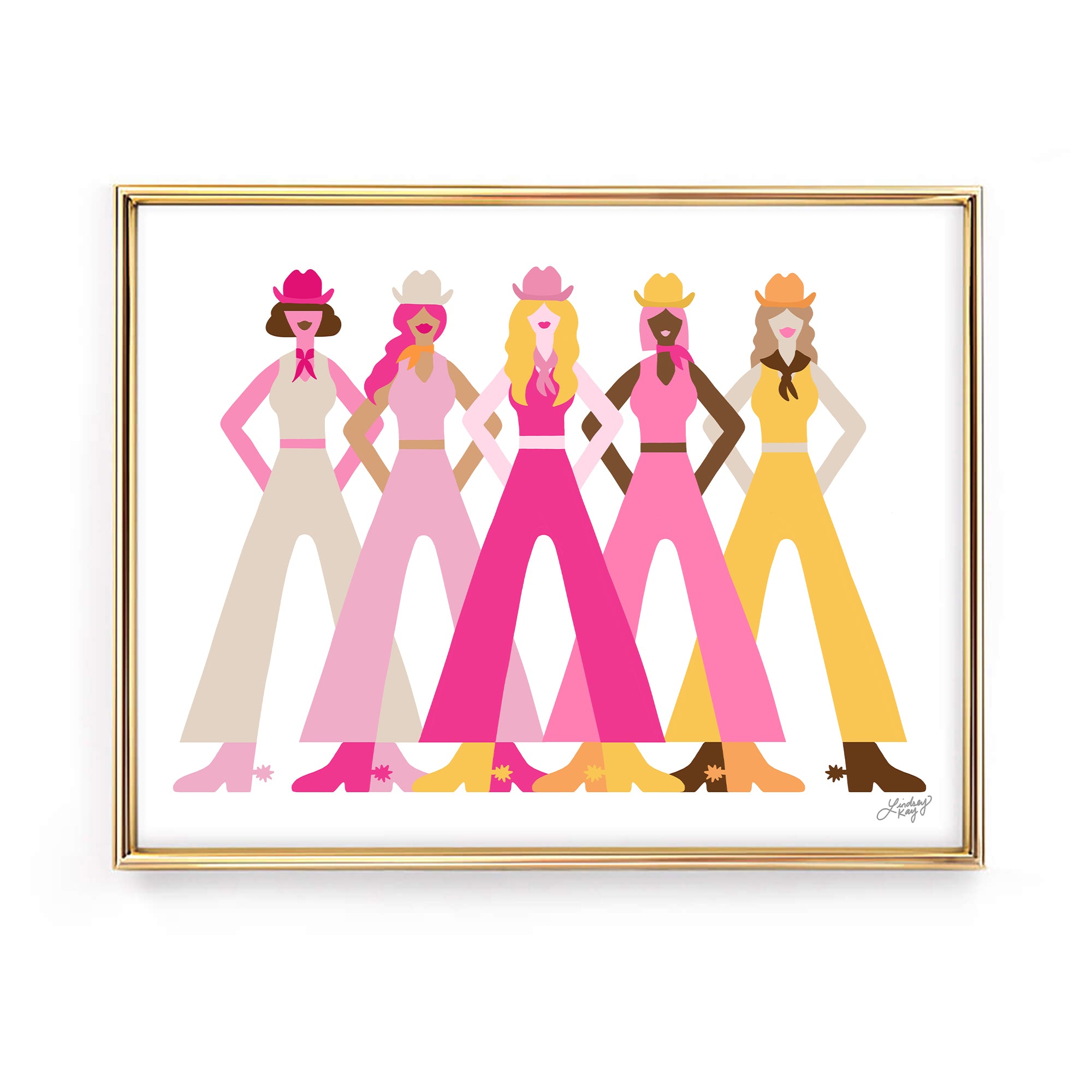 Hand-illustrated colorful cowgirls art print in pink, yellow, and orange by Lindsey Kay Collective – girly western wall decor – perfect for sororities, dorm rooms, or gallery walls – printed on enhanced matte paper with vibrant inks – available in 10 sizes