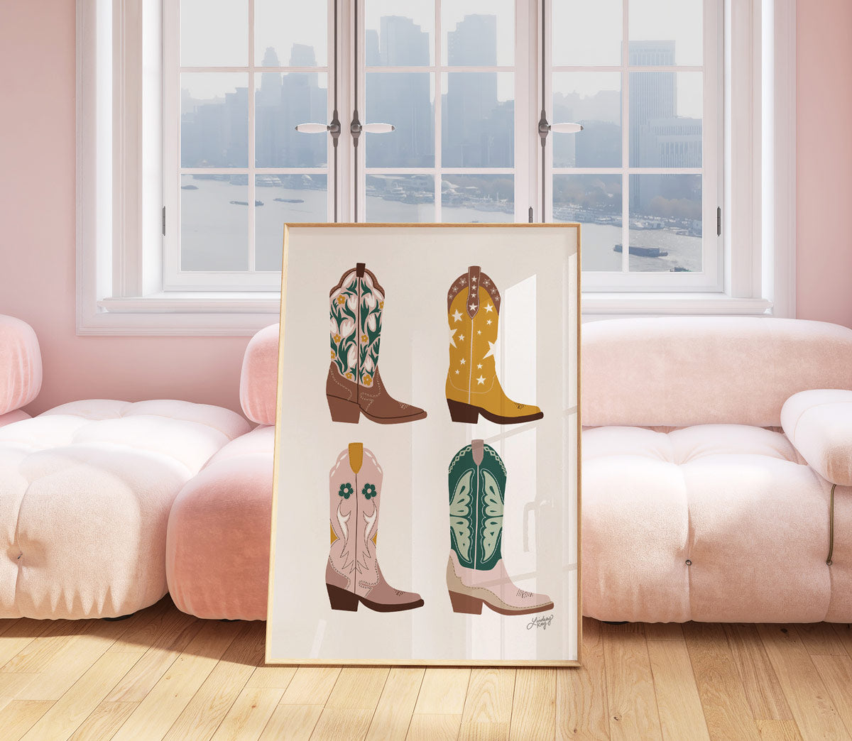 Hand-illustrated western cowgirl boots art print by Lindsey Kay Collective – girly western wall decor for sororities, dorm rooms, or gallery walls – available in four colorful palettes – printed on enhanced matte paper with vibrant inks – available in 10 sizes