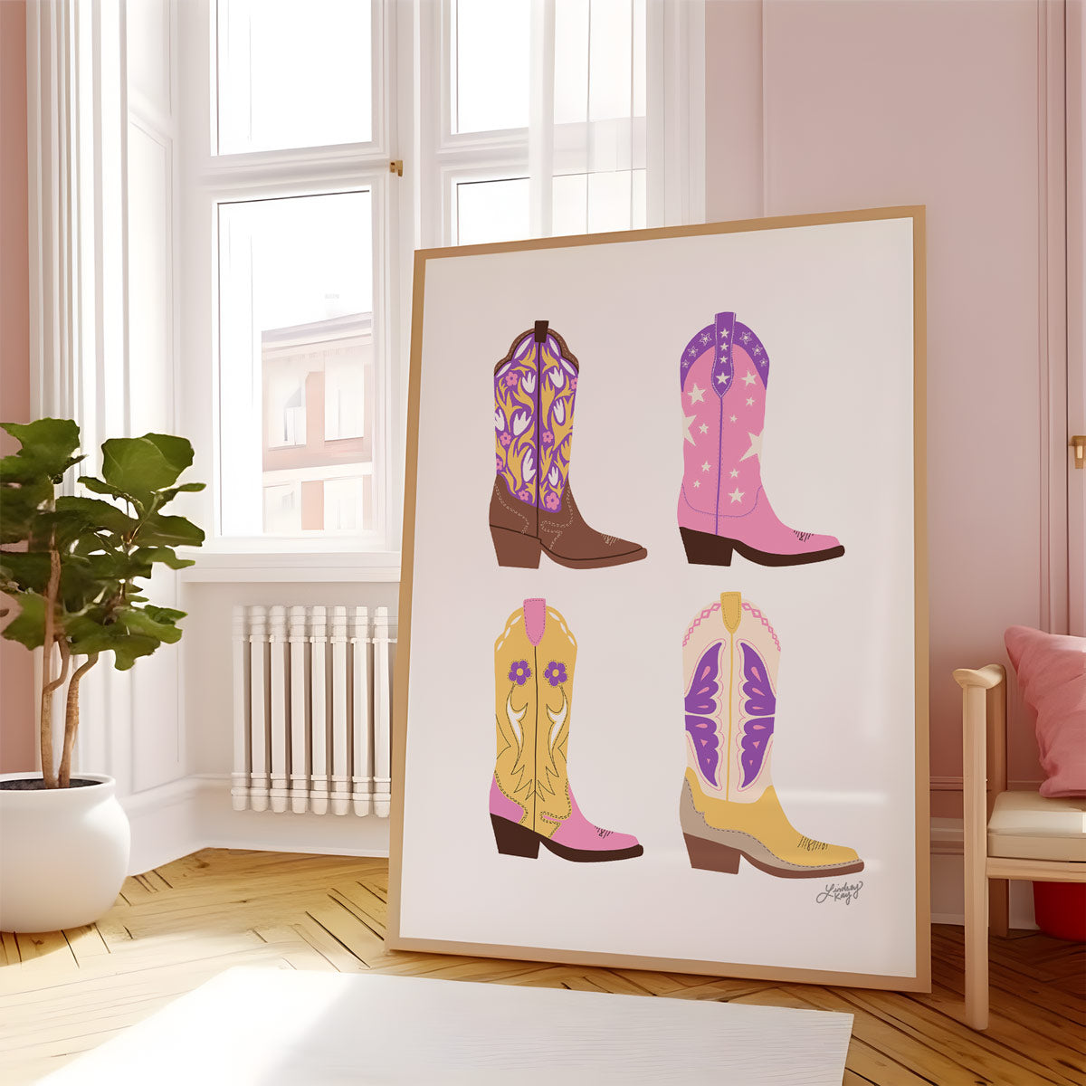Hand-illustrated western cowgirl boots art print by Lindsey Kay Collective – girly western wall decor for sororities, dorm rooms, or gallery walls – available in four colorful palettes – printed on enhanced matte paper with vibrant inks – available in 10 sizes