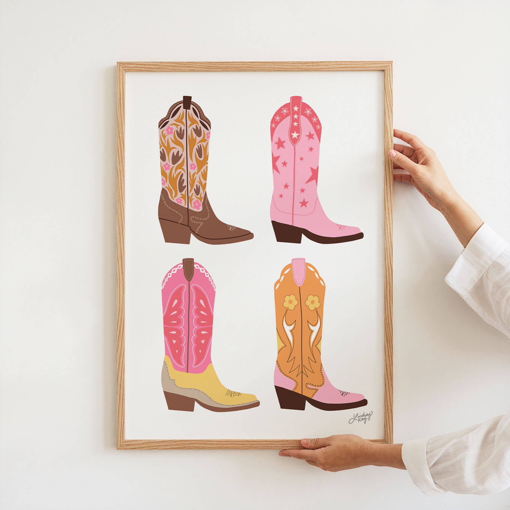 Hand-illustrated western cowgirl boots art print by Lindsey Kay Collective – girly western wall decor for sororities, dorm rooms, or gallery walls – available in four colorful palettes – printed on enhanced matte paper with vibrant inks – available in 10 sizes
