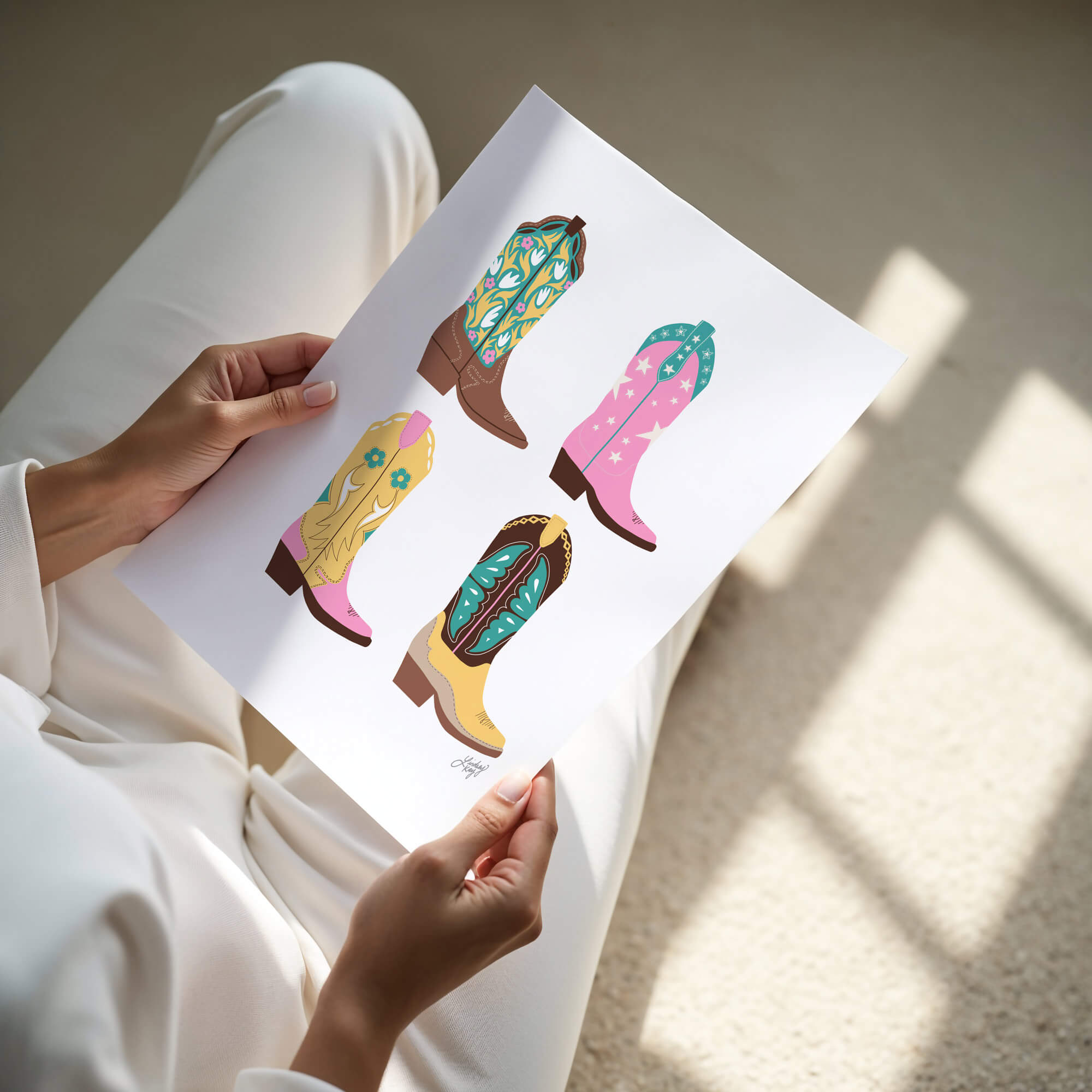 Hand-illustrated western cowgirl boots art print by Lindsey Kay Collective – girly western wall decor for sororities, dorm rooms, or gallery walls – available in four colorful palettes – printed on enhanced matte paper with vibrant inks – available in 10 sizes