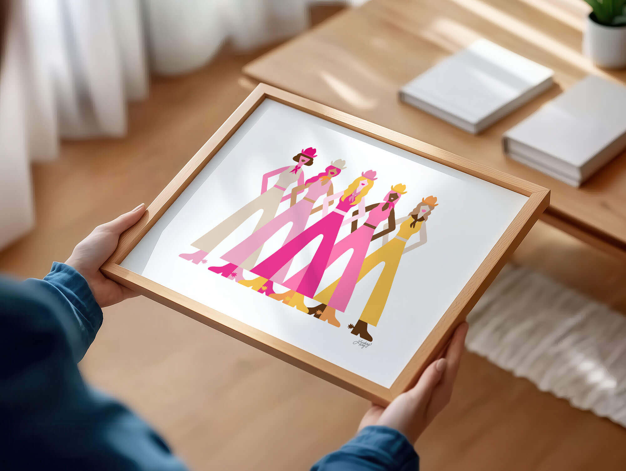 Hand-illustrated colorful cowgirls art print in pink, yellow, and orange by Lindsey Kay Collective – girly western wall decor – perfect for sororities, dorm rooms, or gallery walls – printed on enhanced matte paper with vibrant inks – available in 10 sizes