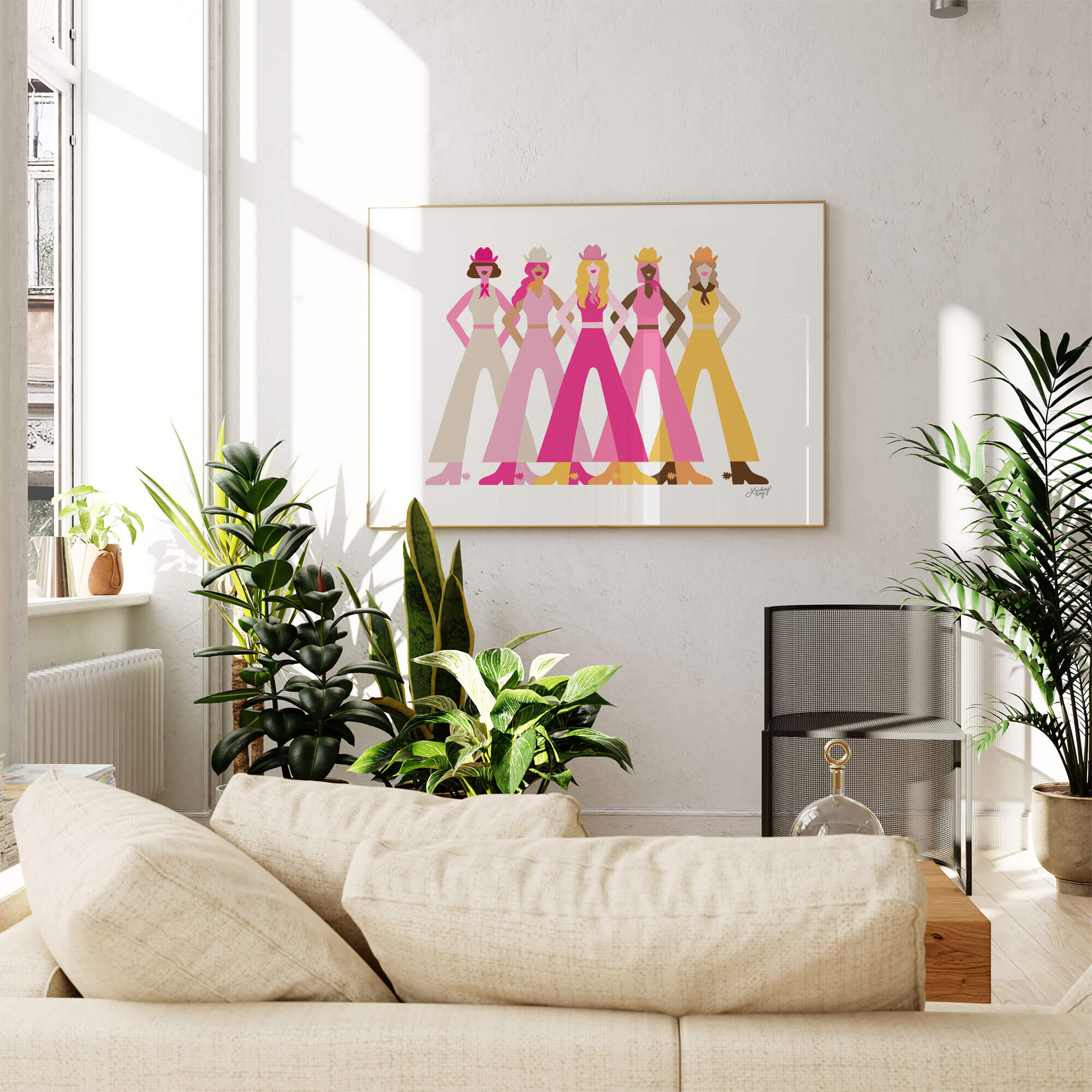 Hand-illustrated colorful cowgirls art print in pink, yellow, and orange by Lindsey Kay Collective – girly western wall decor – perfect for sororities, dorm rooms, or gallery walls – printed on enhanced matte paper with vibrant inks – available in 10 sizes