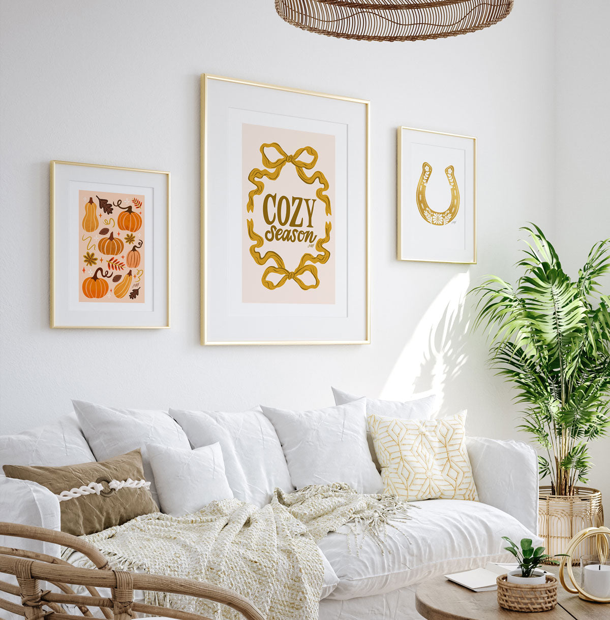 Hand-lettered Cozy Season art print with gold ribbon lettering by Lindsey Kay Collective – fall wall decor for cozy autumn spaces or gallery walls – printed on enhanced matte paper with vibrant inks – available in 10 sizes