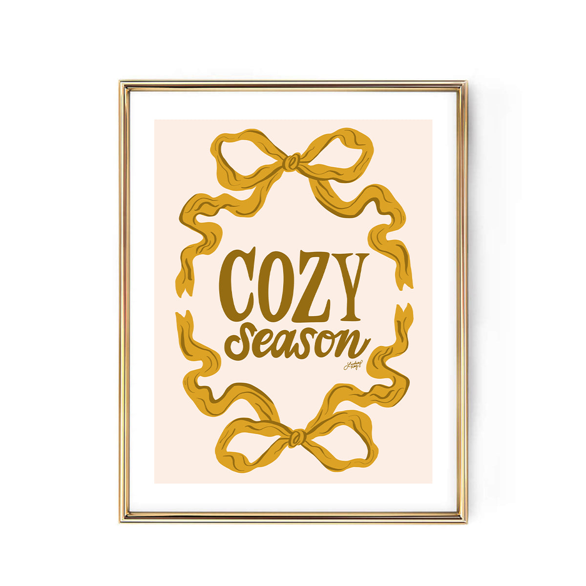 Hand-lettered Cozy Season art print with gold ribbon lettering by Lindsey Kay Collective – fall wall decor for cozy autumn spaces or gallery walls – printed on enhanced matte paper with vibrant inks – available in 10 sizes