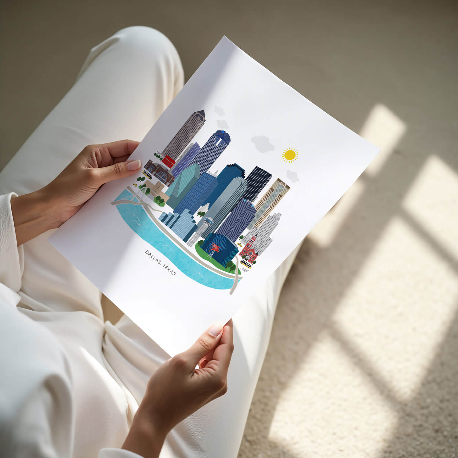 Hand-illustrated Dallas Texas skyline cityscape art print by Lindsey Kay Collective – modern colorful city wall art – perfect for Dallas homes, Texas decor, gallery walls, dorm rooms, or offices – printed on enhanced matte paper with vibrant inks – available in 10 sizes