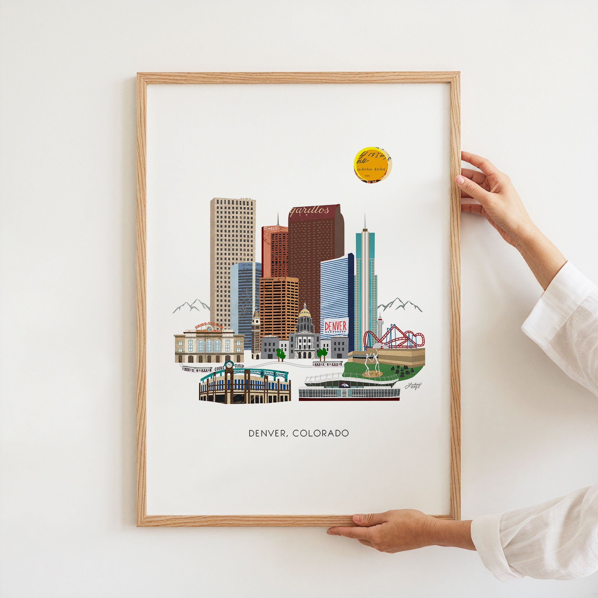 Hand-illustrated downtown Denver skyline art print by Lindsey Kay Collective – modern cityscape wall art perfect for Denver homes, offices, or gallery walls – printed on enhanced matte paper with vibrant inks – available in 5x7, 8x10, 11x14, 11x17, 12x12, 12x18, 13x19, 16x20, 18x24, and 24x36 sizes
