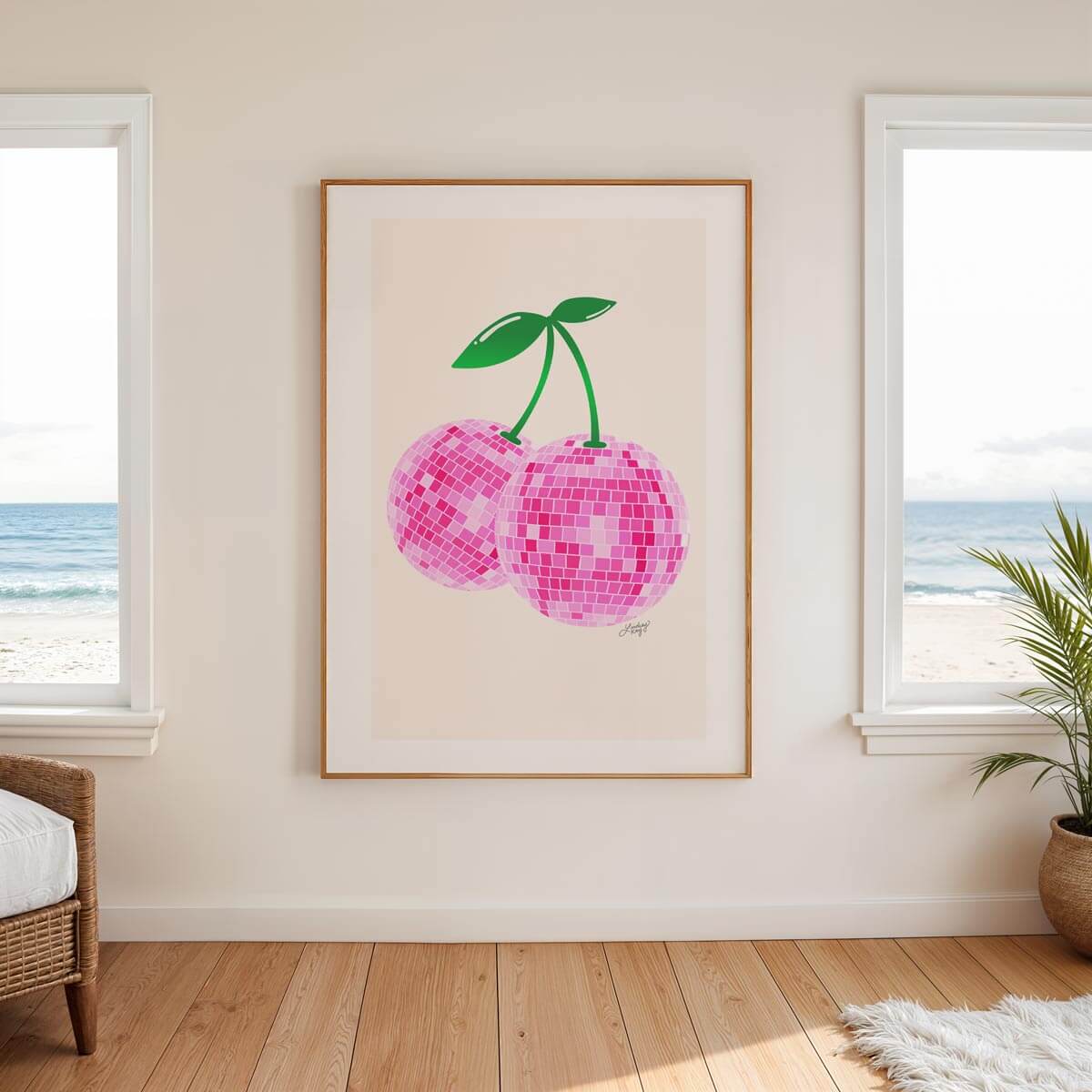 Hand-drawn retro disco ball cherries art print by Lindsey Kay Collective – available in red or pink color palettes – vibrant bar cart, dorm room, or gallery wall decor – retro colorful wall art – printed on enhanced matte paper with bright inks – available in 10 sizes