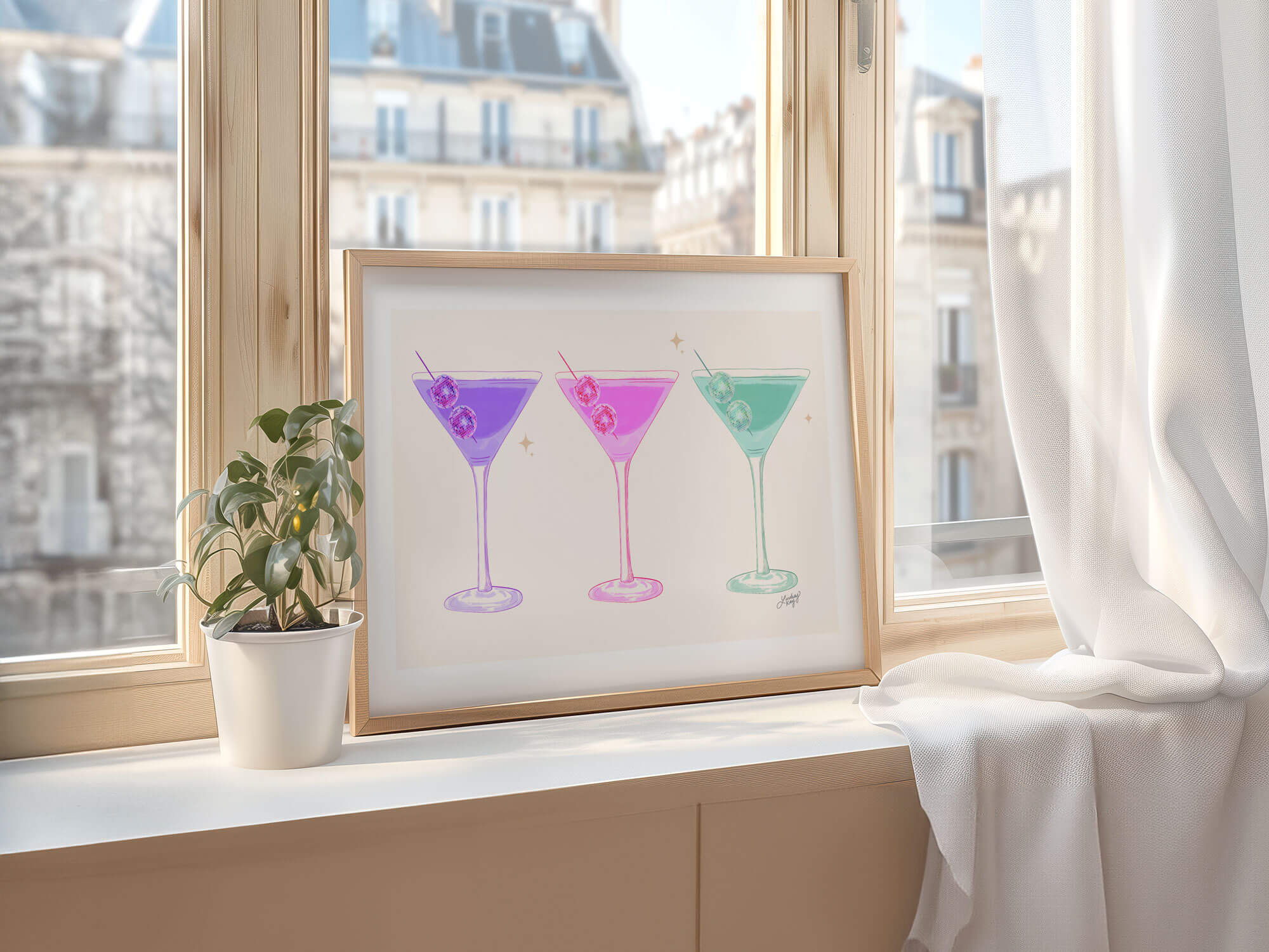 Hand-illustrated pastel martini disco ball art print by Lindsey Kay Collective – retro girly cocktail wall art – colorful pastel bar cart or gallery wall decor – printed on enhanced matte paper with vibrant inks – available in multiple sizes
