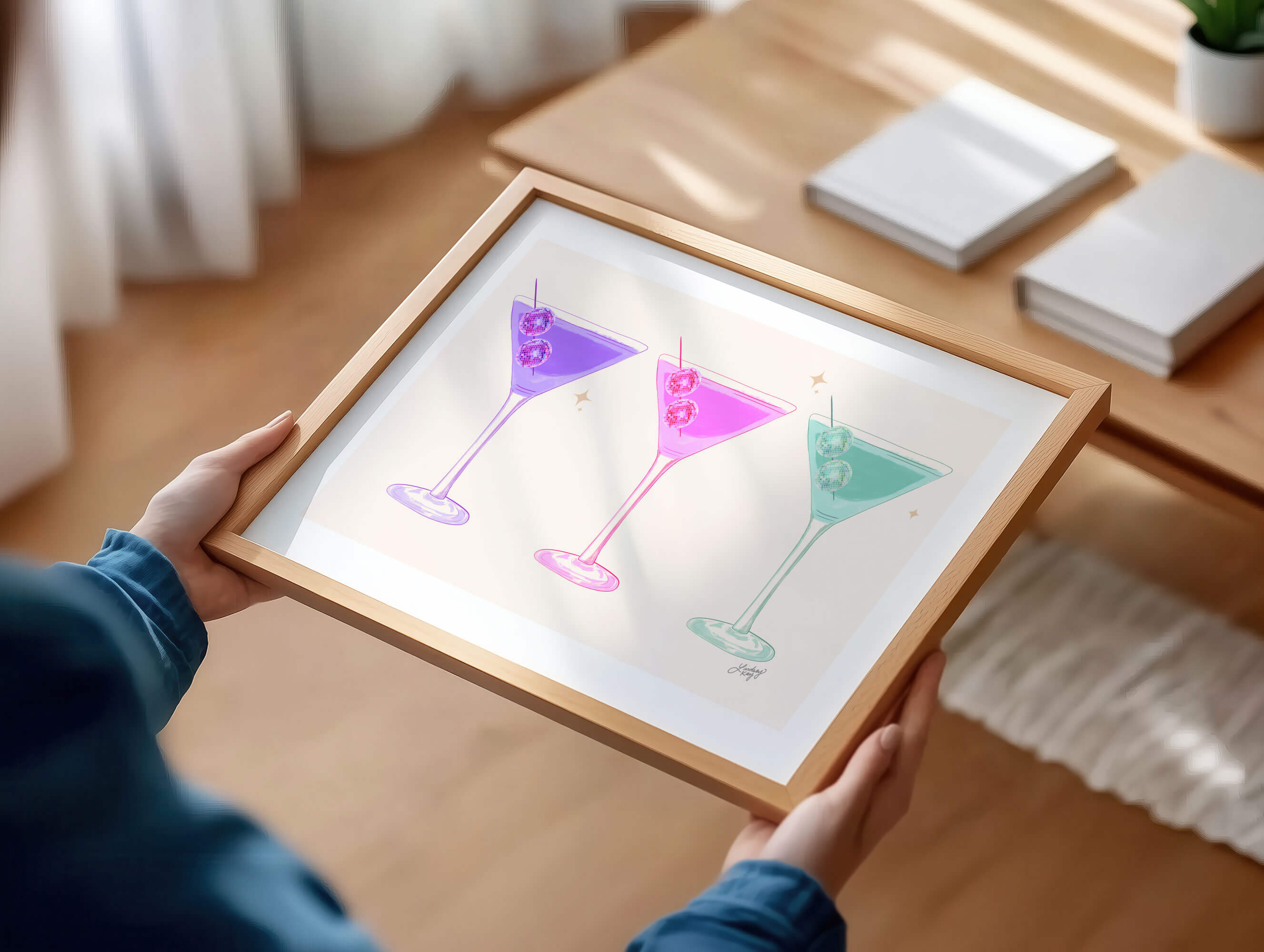 Hand-illustrated pastel martini disco ball art print by Lindsey Kay Collective – retro girly cocktail wall art – colorful pastel bar cart or gallery wall decor – printed on enhanced matte paper with vibrant inks – available in multiple sizes