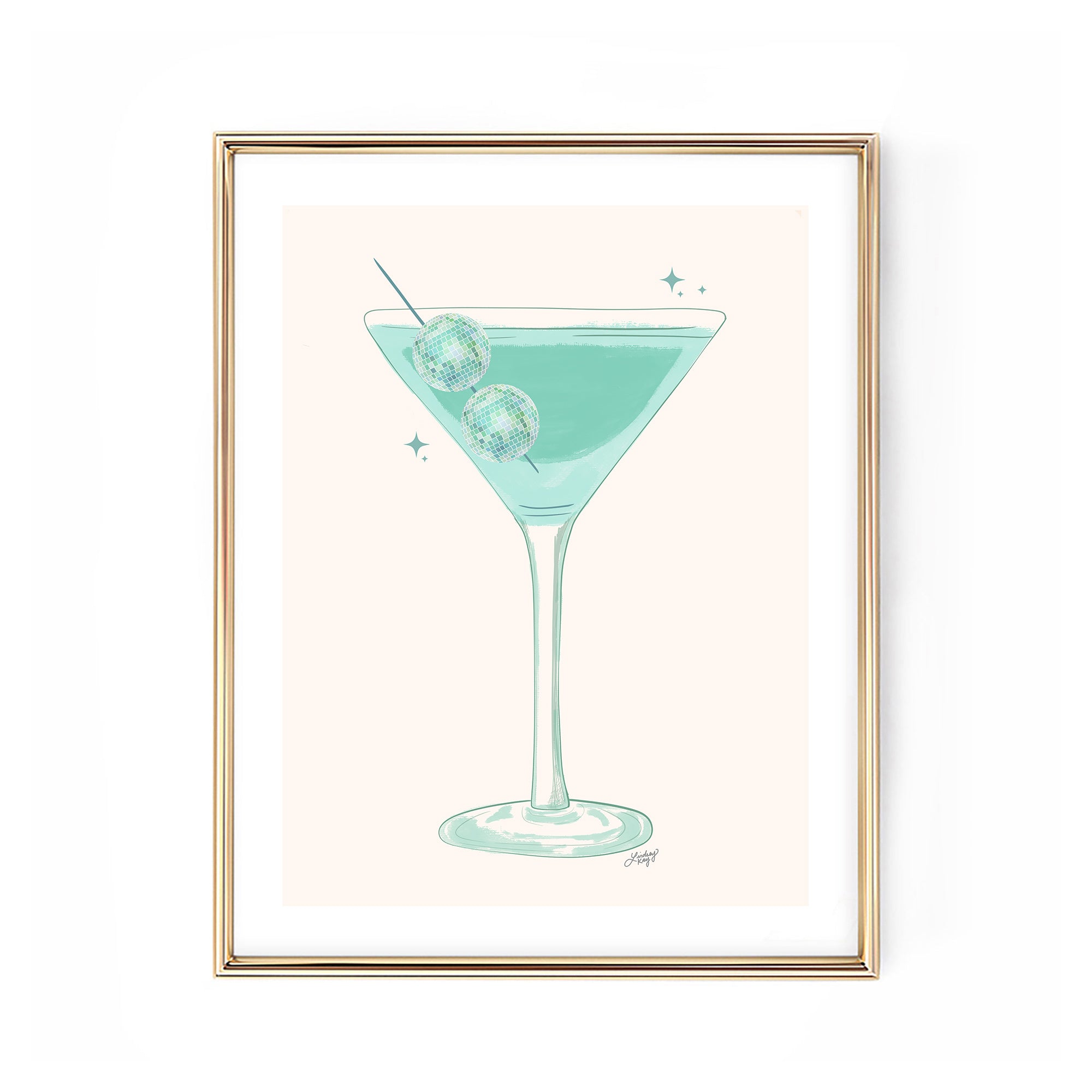 Hand-illustrated disco ball martini glass art print by Lindsey Kay Collective – retro cocktail wall art for bar carts, kitchens, dorms, or gallery walls – colorful disco glam illustration – printed on enhanced matte paper with vibrant inks – available in multiple colors and 10 sizes