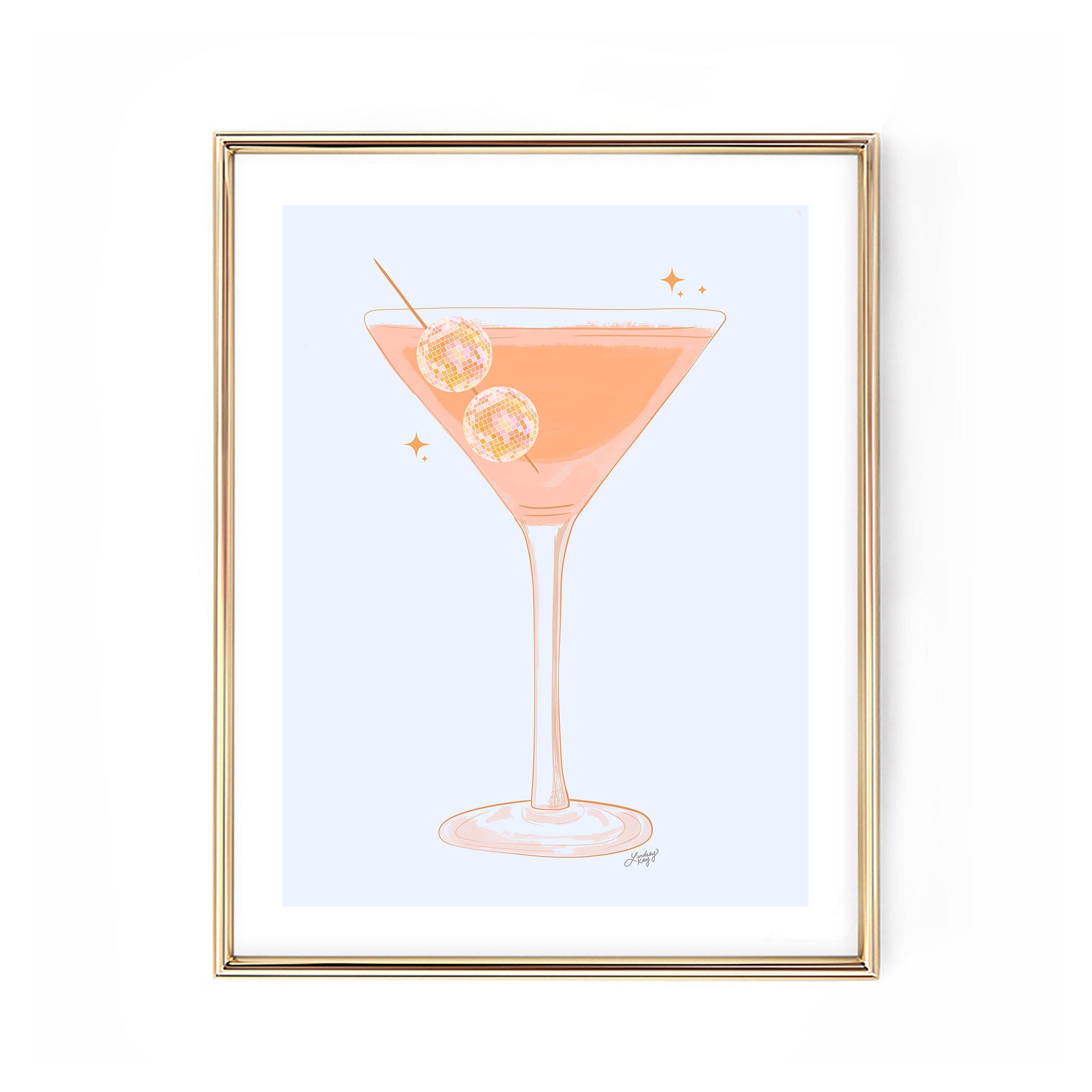 Hand-illustrated disco ball martini glass art print by Lindsey Kay Collective – retro cocktail wall art for bar carts, kitchens, dorms, or gallery walls – colorful disco glam illustration – printed on enhanced matte paper with vibrant inks – available in multiple colors and 10 sizes