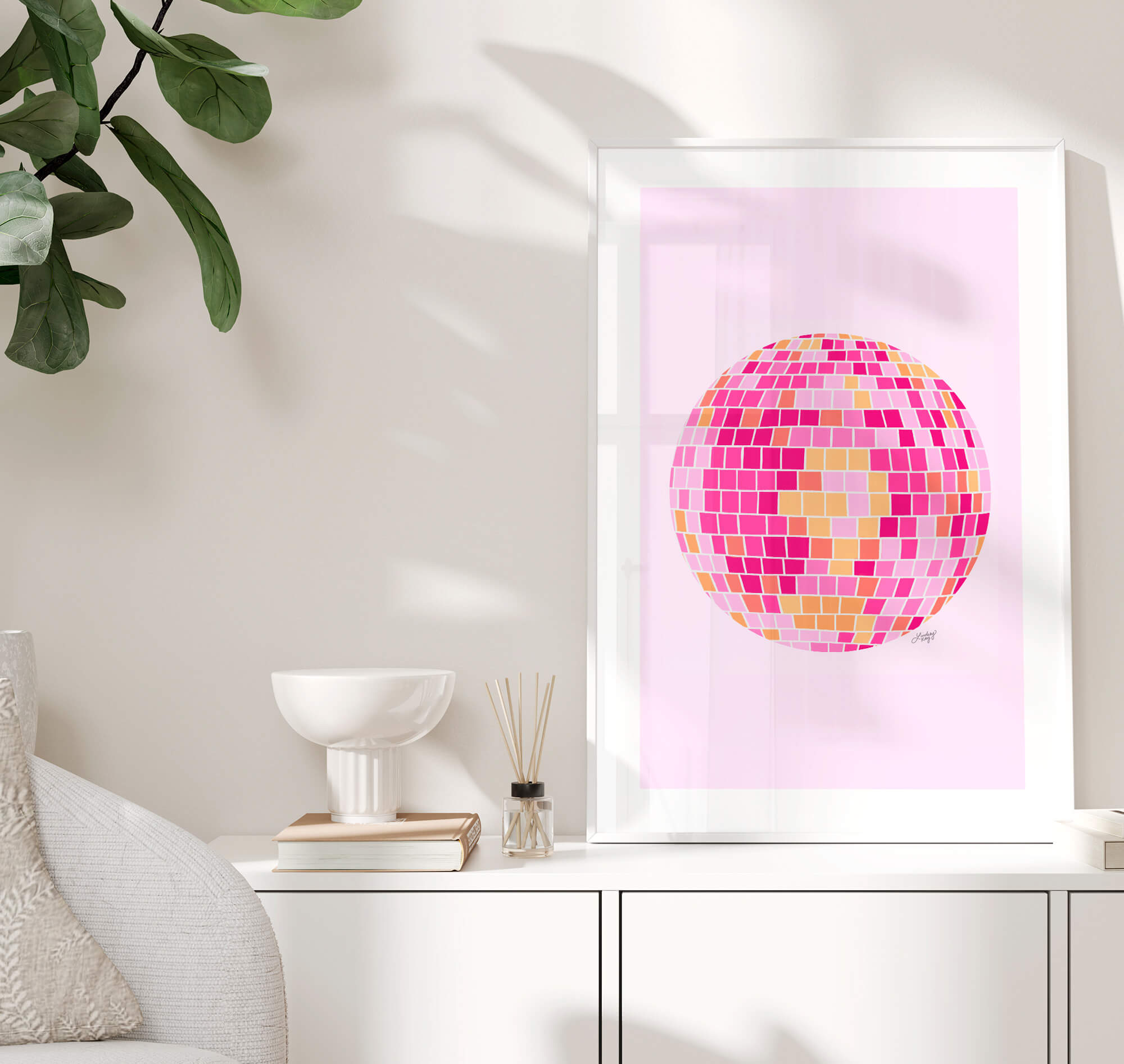 Disco ball- dance the night away- Orange and pink- pink background Art  Print by Studio Lydia Lovely