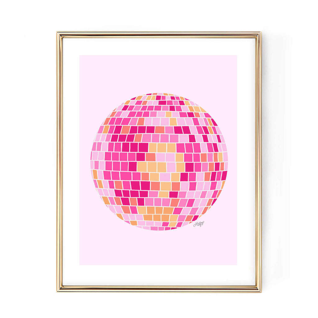 Disco Ball Illustration (Pink/Yellow Palette) White Background - Art Print
