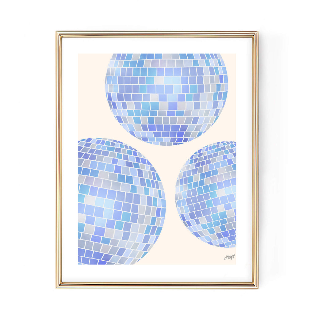 Disco Balls Illustration (Blue Palette) White Background - Art Print