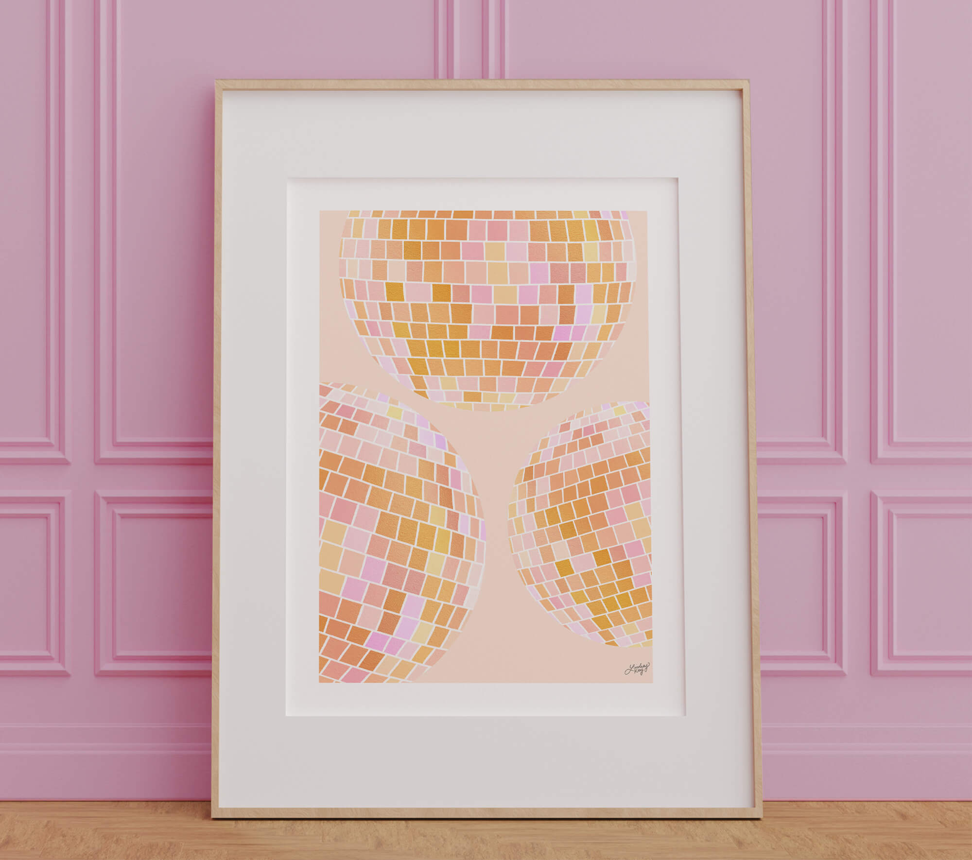 Hand-illustrated yellow disco balls art print by Lindsey Kay Collective – retro colorful wall art – perfect for dorm rooms, bar carts, or gallery walls – printed on enhanced matte paper with vibrant inks – available in 10 sizes
