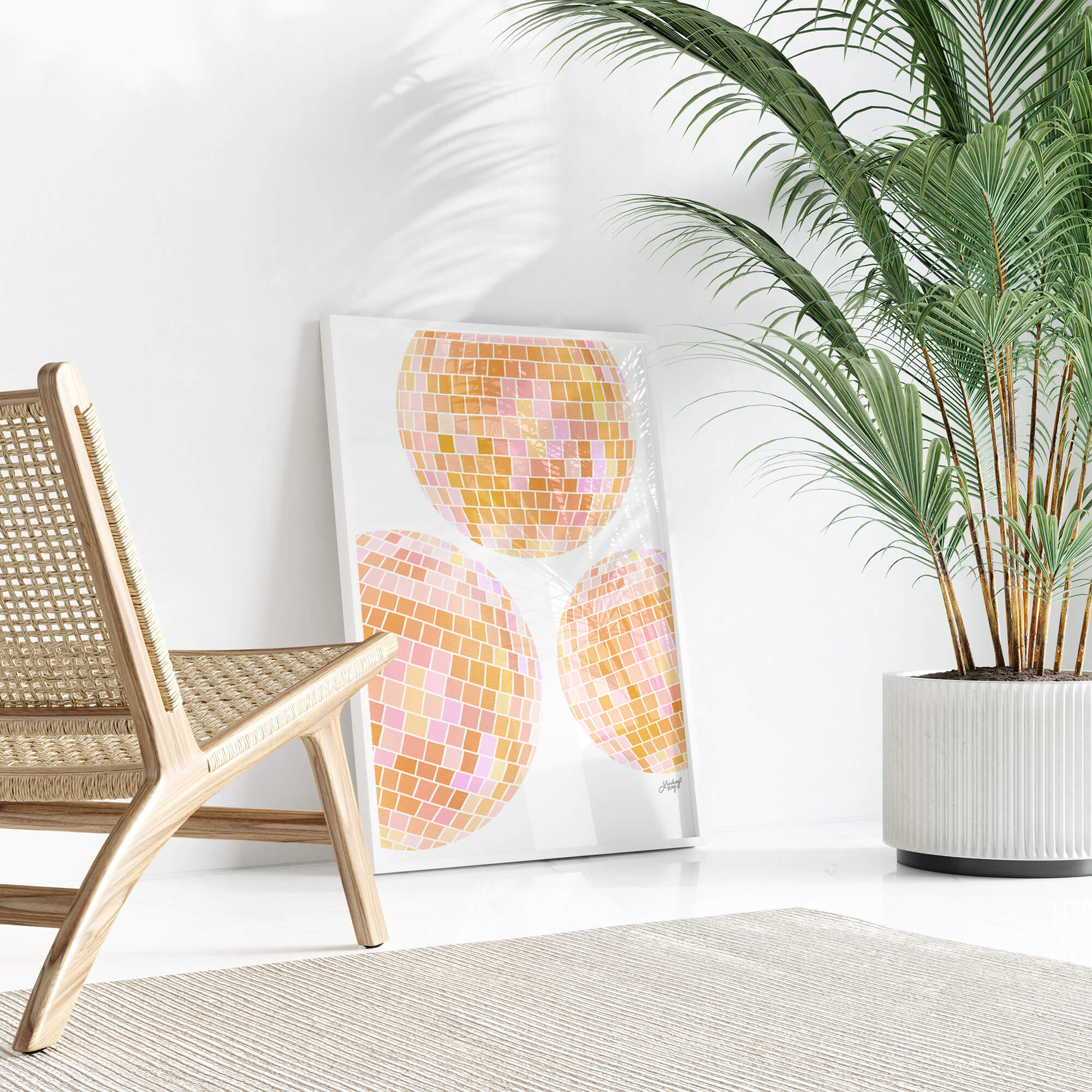 Hand-illustrated yellow disco balls art print by Lindsey Kay Collective – retro colorful wall art – perfect for dorm rooms, bar carts, or gallery walls – printed on enhanced matte paper with vibrant inks – available in 10 sizes