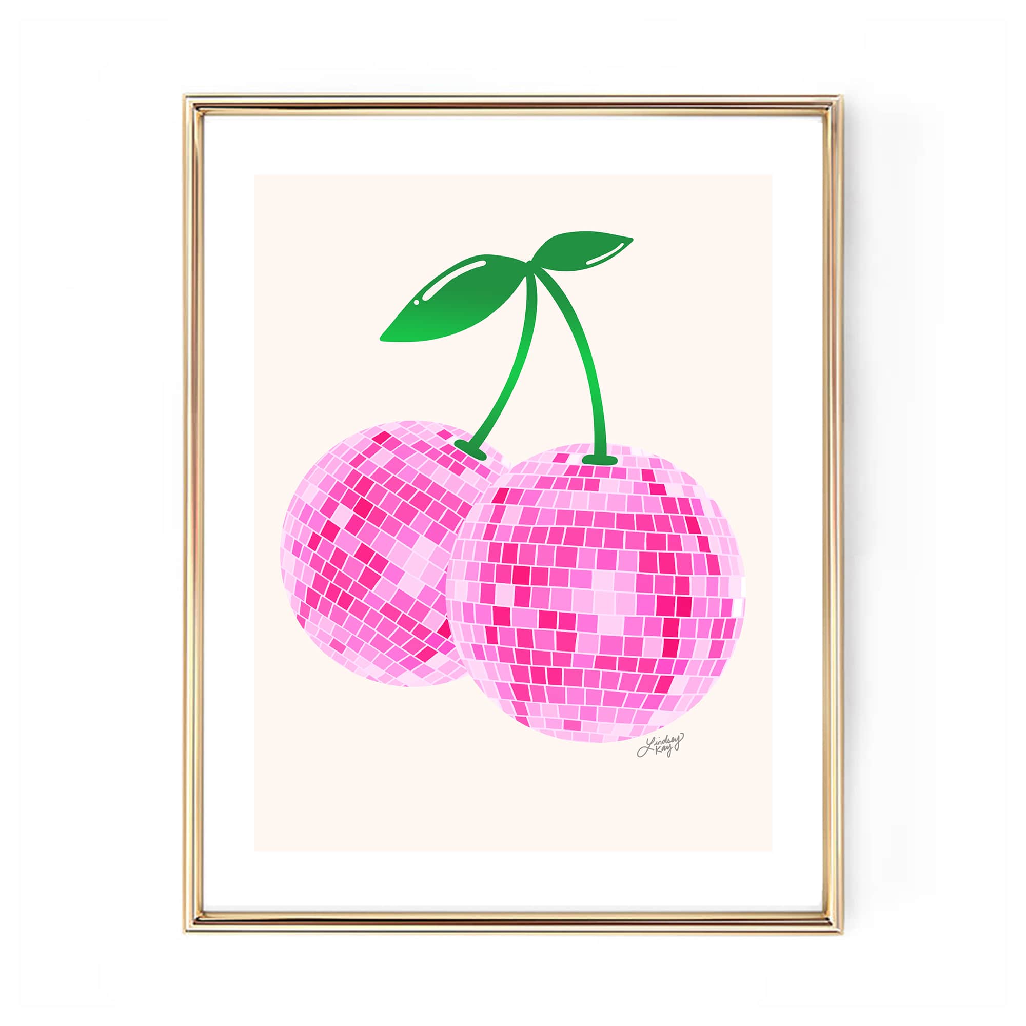Hand-drawn retro disco ball cherries art print by Lindsey Kay Collective – available in red or pink color palettes – vibrant bar cart, dorm room, or gallery wall decor – retro colorful wall art – printed on enhanced matte paper with bright inks – available in 10 sizes