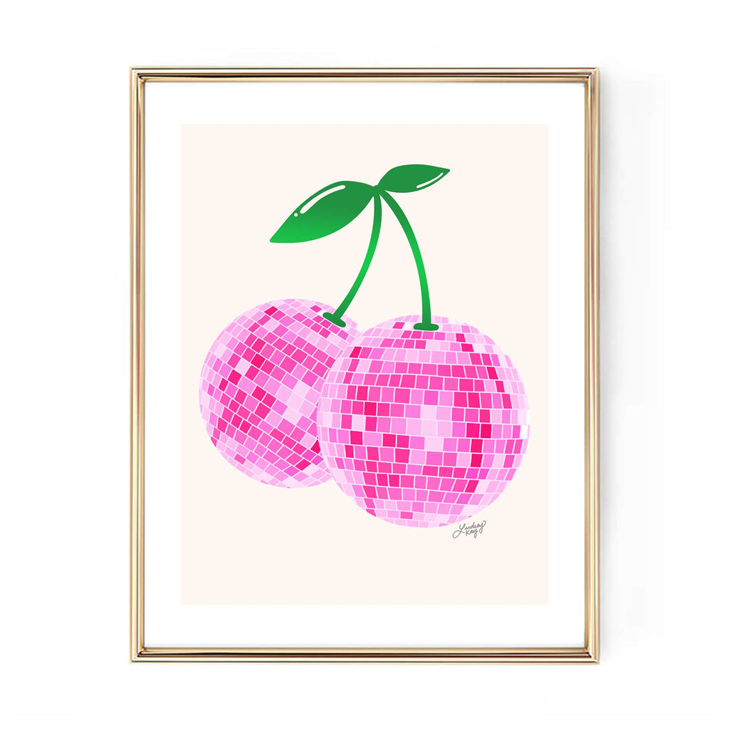 disco ball cherries cherry fruit retro cute art print wall art poster lindsey kay collective