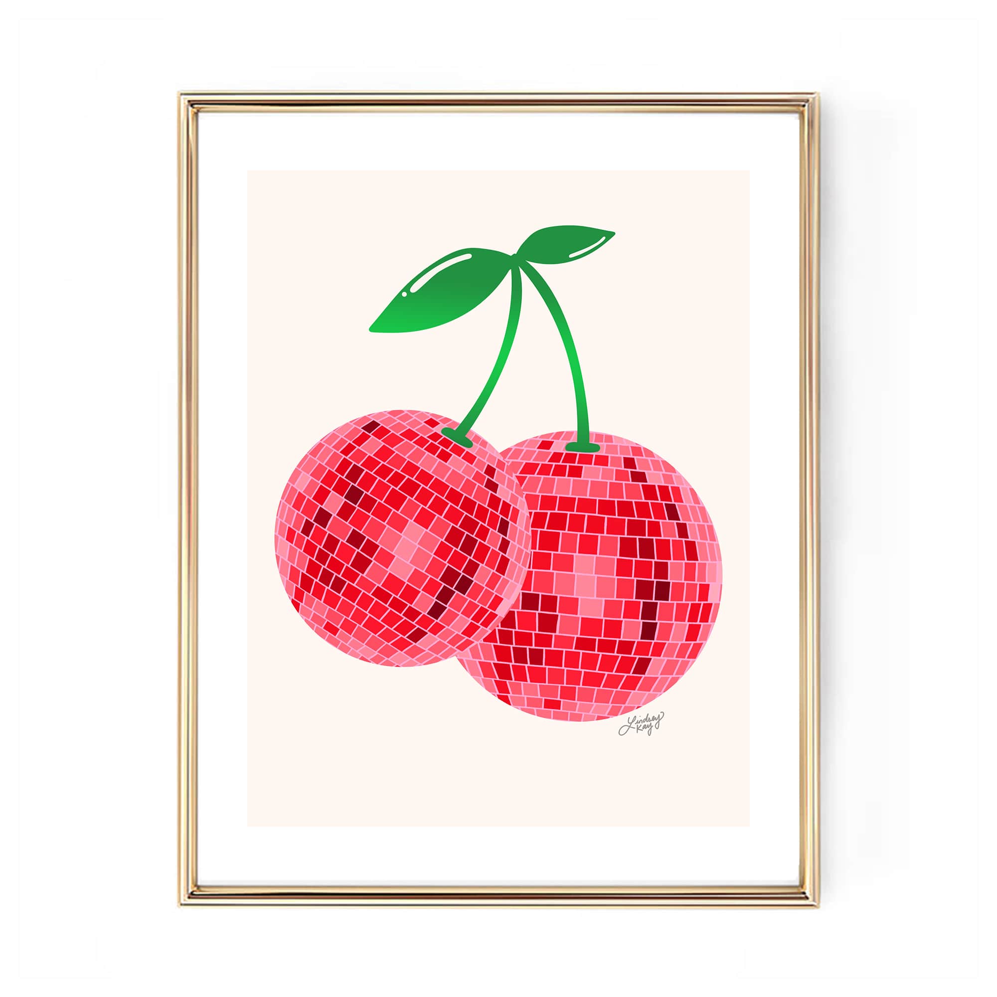 Hand-drawn retro disco ball cherries art print by Lindsey Kay Collective – available in red or pink color palettes – vibrant bar cart, dorm room, or gallery wall decor – retro colorful wall art – printed on enhanced matte paper with bright inks – available in 10 sizes