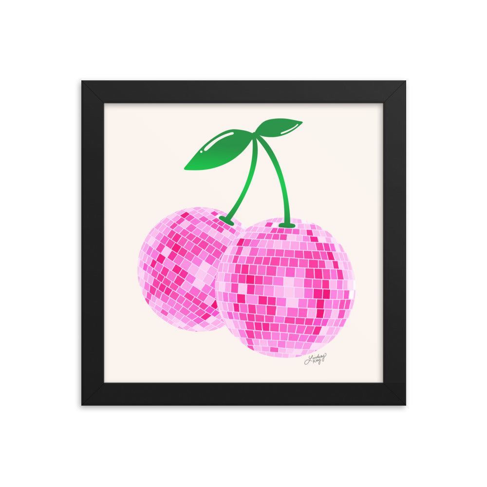Cerezas de bola de discoteca (paleta rosa) - Impresión mate enmarcada